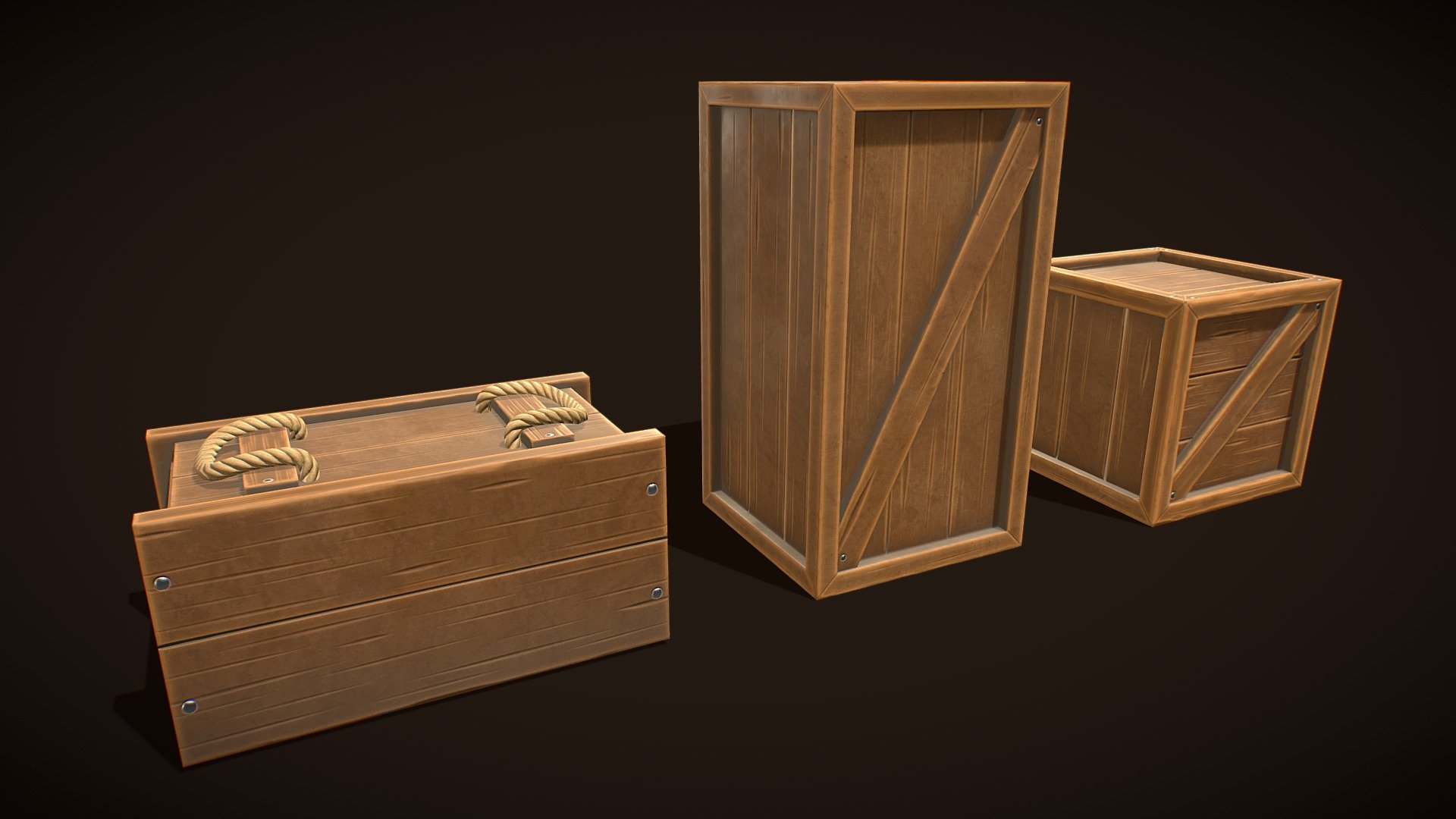 Stylized Western Wooden Boxes, with Stylized PBR Textures. Ready to use in any project.

Are you liked this models? Feel free to take a look on my another models! Here

Features:

.Fbx, .Obj, .Uasset and .Blend files.

Low Poly Mesh game-ready.

Real-World Scale (centimeters).

Number of models: 3

Unreal Project: 4.15+

Custom Collision for Unreal Engine 4 (Handmade).

Tris Count: 120 to 996.

Number of Textures:15

Number of Textures (UE4): 9

PBR Textures (2048x2048) (PNG).

Type of Textures: Base Color, Roughness, Metallic, Normal Map and Ambient Occlusion (PNG) 3d model