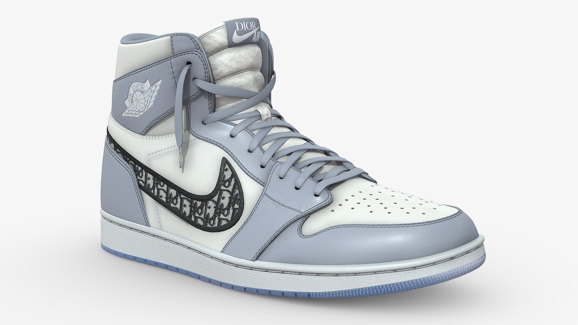 Jordan 1 x Dior. Combining the luxury fashion of Christian Dior with the iconic Jordan 1 silohouette, this collaboration was an instant classic

Modelled in Blender and textured in Substance, no detail went overlooked in the creation of this shoe. As a result it is subdivision ready. Unwrapped with efficiency in mind both left and right shoes are mostly identical, save for one texture set which required both a left and right version. As a result this model has 5 texture sets, with 5 textures in each set (Base Color, Metalness, Roughness, Normal, Ambient Occlusion) along with two opacity maps. Opacity can be achieved using the alpha map of the base colour also. 

Download File Contents:
1. Native Blender file with textures linked
2. Folder containing all 27 textures in 4096x4096 png format (along with an additional version of the sole texture) 
3. A &ldquo;Low Poly