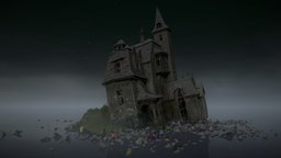 The house lost at sea abandoned, b3d, grey, trash, shadeless, mansion, sos, climatechange, deadtree, searise, hauntedhouse, vertexpaint, architecture, blender, house, animation, stylized, halloween, spooky, plastic, sea, hauntedhousechallenge