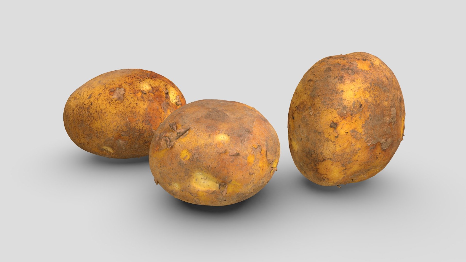 Three lowpoly potatoes

Model includes 8k diffuse map, 4k normal map, 4k ambient occlusion map, 4k gloss map, 4k specularity map and additional highpoly model (about 800k) of each scan.

Processed with Metashape + Blender + Instant meshes + Gimp - Potato Pack - Buy Royalty Free 3D model by Lassi Kaukonen (@thesidekick) 3d model