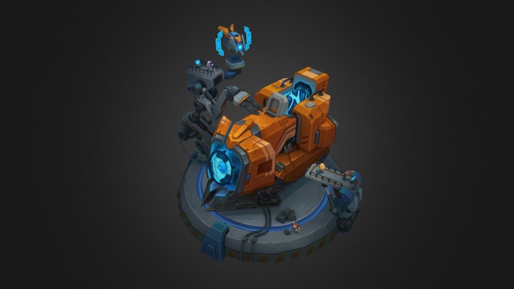 It's a honor to help on this project. Mecha Sion is a legendary tier skin. This is also my first concept-model-texture assets that got into League of Legend. Also, that's really fun to make a diorama for the Yordle Factory. Sion himself and Sion Ward are concept by Sam Thompson, Sion Model by Cody Bunt, effect by Issac Wood. This team is so awesome 3d model