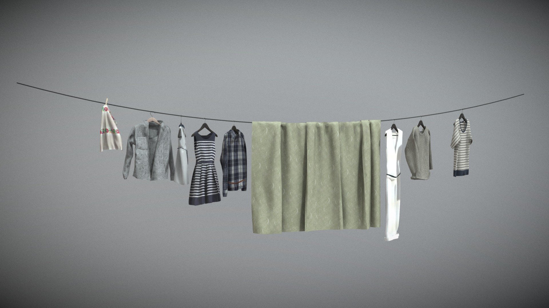 This is a clothesline made with SketchUp, which hangs a lot of clothes and sheets - Hang clothes on a clothesline - Buy Royalty Free 3D model by xinige (@l13261404616) 3d model