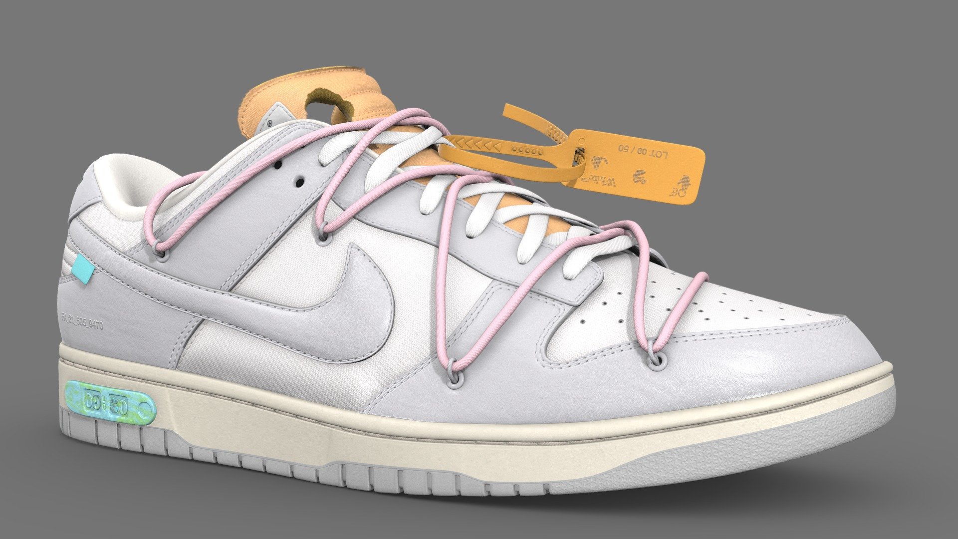 Off White collaboration with Nike on a Dunk Low, made in Blender, textured in Substance. Released in 2021. Colourful hits of orange and pink make this one of the most desirable shoe of the fifty

Every detail was made in the recreation of this shoe, from the text on the medial side of the shoe to the subtlety of each material, nothing went overlooked. Stitches were sculpted by hand to achieve the highest quality, and the frayed edge on the tongue of the shoe was created such that there would be no gap between the canvas fabric and foam

**What's included **  

Firstly, two versions of this model. The base version with 4 texture sets, and a One Mesh version that uses only 1 texture set. Both models are identical, only how they are unwrapped is different. There are two texture sets, with 4 maps, namely: Base Color, Metallic, Normal, and Roughness. I have included several other versions, such as High and Low Poly shoes All textures are 4096x4096. Meaning the One Mesh version has 4 2048x2048 textures 3d model