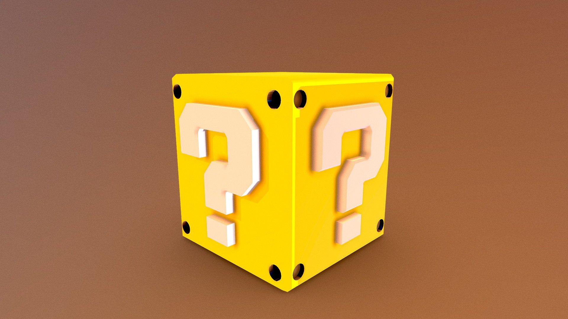 A ? Block (alternatively Question Mark Block, Question Block, known as a Mystery Block in the Super Mario Land manual, a Prize Block in Super Mario World[, and simply ?) is one of the many blocks found in the Mario universe, and one of the most common. Question Blocks are usually seen floating in midair, often containing Coins, Super Mushrooms, or Fire Flowers. They may also be invisible. Beginning in Super Mario Bros. 3, there are different ways to hit the block other than simply jumping into it from below, like using a tail whip with a Super Leaf or Tanooki Suit, or a cape spin with a Cape Feather, to whack the Question Block, or kicking a Koopa Shell at the Item Block. As of the New Super Mario Bros. series, a Ground Pound may also be used to activate it.

I have a Patreon Join now! :https://www.patreon.com/user?u=14434838 - Question Mark Block (Super Mario Bros) - Download Free 3D model by Yanez Designs (@Yanez-Designs) 3d model