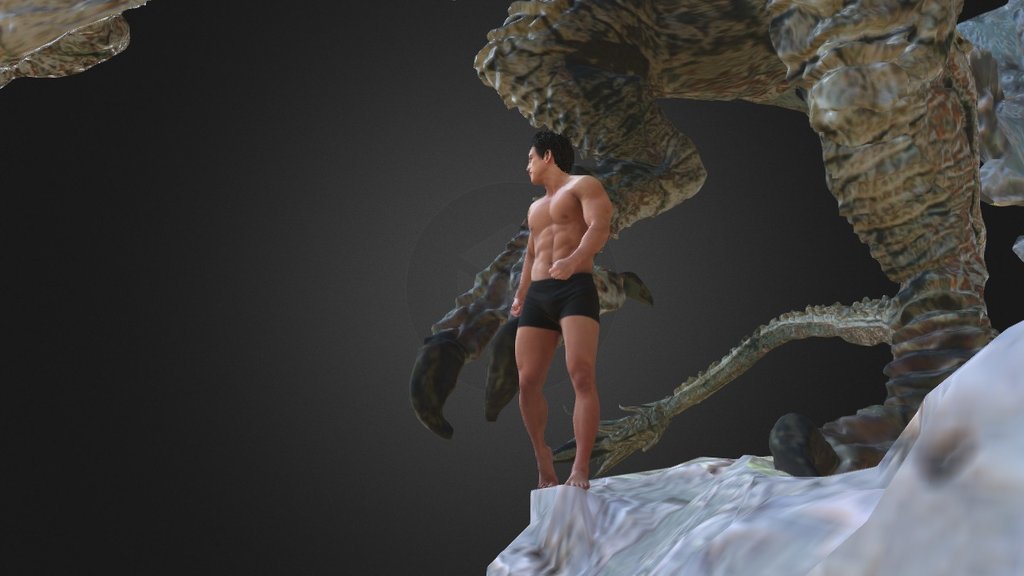 The Dragon from CG model
The Man from 3D Scan (Photogrammetry)
This Cliff from Dieu Pan (God Pan) - by HoangHiepVu
https://skfb.ly/Ey6y

Model : https://zh-tw.facebook.com/ShenLongBingTuan - Dragon Knight - 3D model by mark.energy 3d model