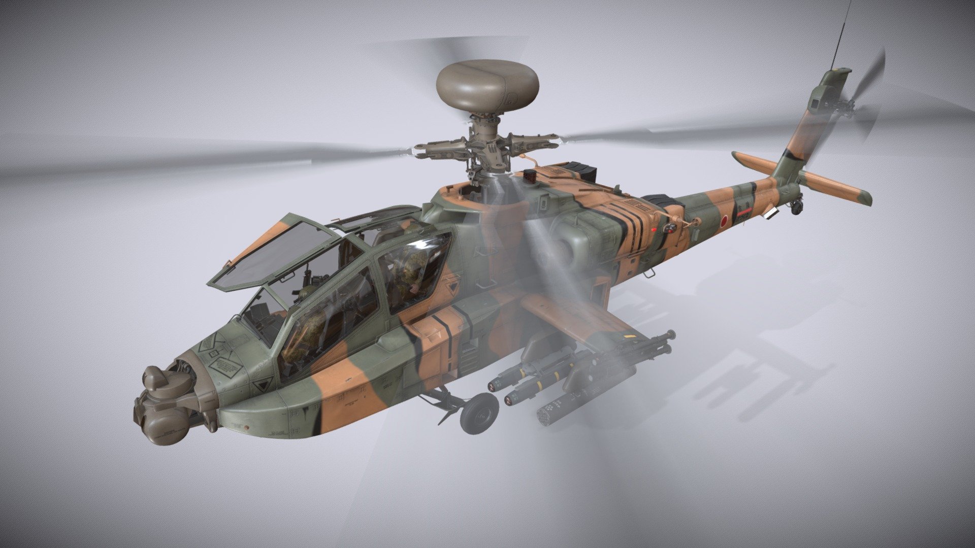 Helicopter Apache AH-64D Japan Ground Self-Defense Force  Complex Animation


Static and Basic Animation versions are available as seperate models (see my profile models)


File formats: 3ds Max 2021, FBX, Unity 2021.3.5f1


This model contains 46 Animations (See dropdown list below the time line)


Weapon:


* - External Fuel Tank 

* - Launcher M-260 with Hydra 70 missiles 

* - Launcher M-261 with Hydra 70 missiles 

* - Hellfire launcher and missiles 

* - M230 chain gun 

* - AIM-92 Stinger Launcher and missiles 

* - AIM-9L Missile 


This model contains PNG textures(4096x4096):


-Base Color

-Metallness

-Roughness


-Diffuse

-Glossiness

-Specular


-Emission

-Normal

-Ambient Occlusion
 - Apache AH-64D Japan Ground Defense Complex - Buy Royalty Free 3D model by pukamakara 3d model