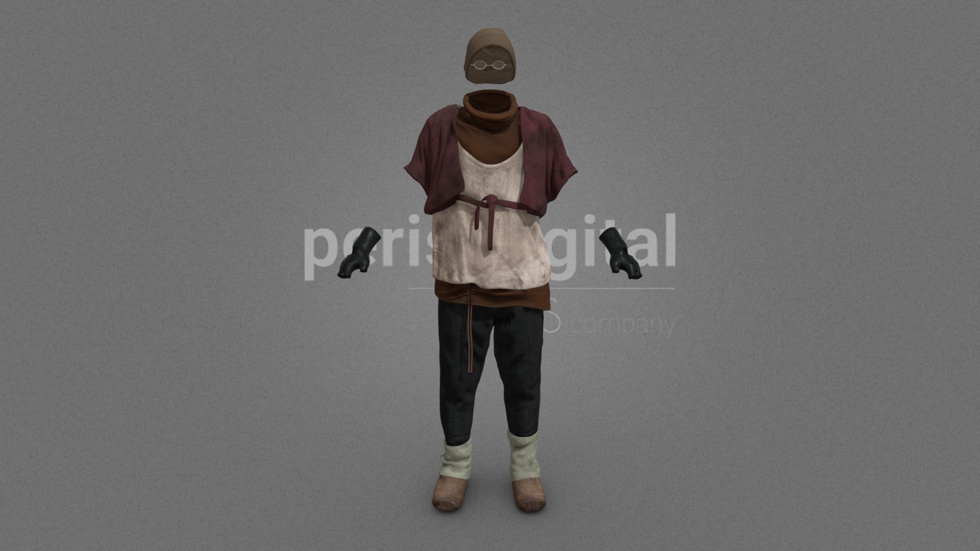 Maroon knitted short sleeve lace-up top, brown drawstring vest with high collar, white tank top, grey leg opening drawcord trousers, knitted leg warmers, wicker clogs, black leather gloves, vintage sunglasses, brown wool cap.




They are optimized for use in 3D scenes of high polygonalization and optimized for rendering.

We do not include characters, but they are positioned for you to include and adjust your own character.

They have a model LOW (_LODRIG) inside the Blender file (included in the AdditionalFiles), which you can use for vertex weighting or cloth simulation and thus, make the transfer of vertices or property masks from the LOW to the HIGH** model.

We have included the texture maps in high resolution, as well as the Displacement maps, so you can make extreme point of view with your 3D cameras, as well as the Blender file so you can edit any aspect of the set. 

Enjoy it.

Web: https://peris.digital/ - Wasteland Series - Model 11 - Buy Royalty Free 3D model by Peris Digital (@perisdigital) 3d model