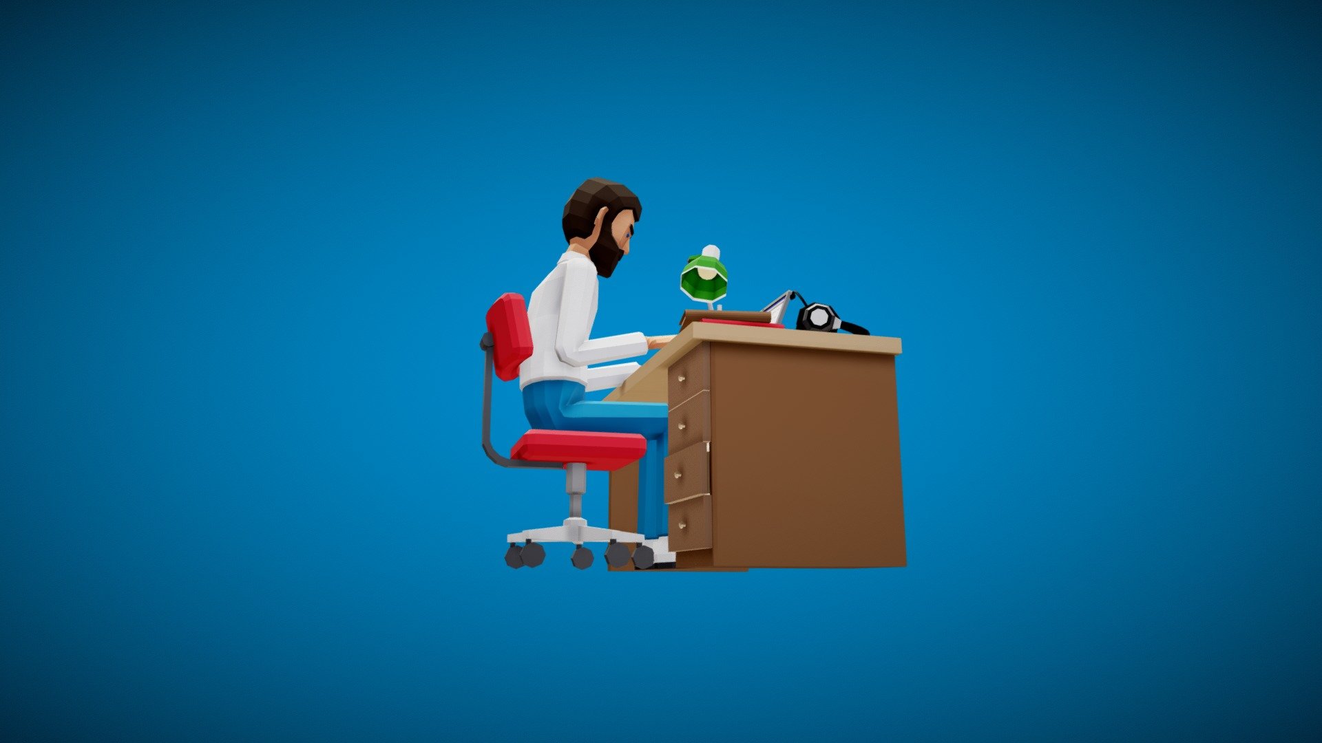 Low poly man working at a table with a laptop. Programmer at work 3d model