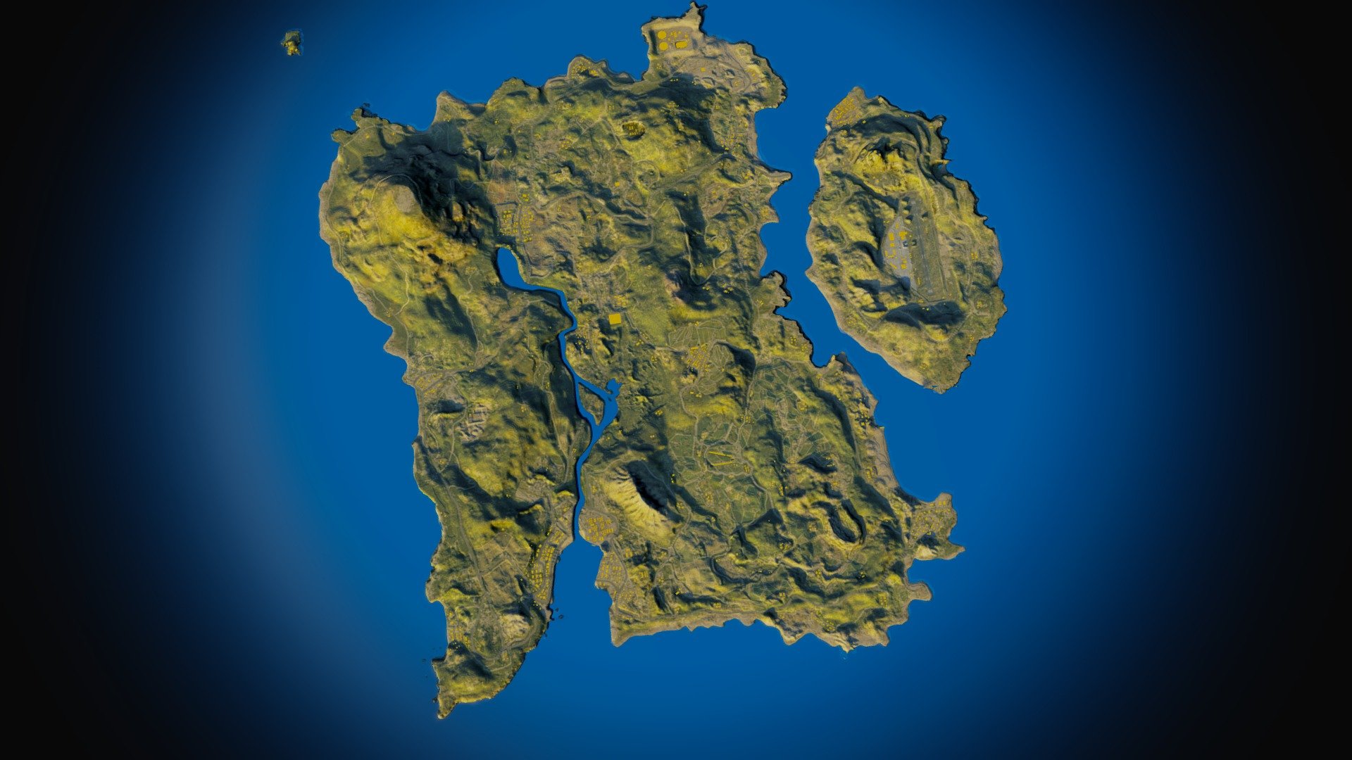 Texture and height map get from https://github.com/cgcostume/pubg-maps
Buildings created from simple rectangle splines and moved to surface with script http://www.scriptspot.com/3ds-max/scripts/move-to-surface
 - Map PUBG (Erangel) - Download Free 3D model by burunduk 3d model