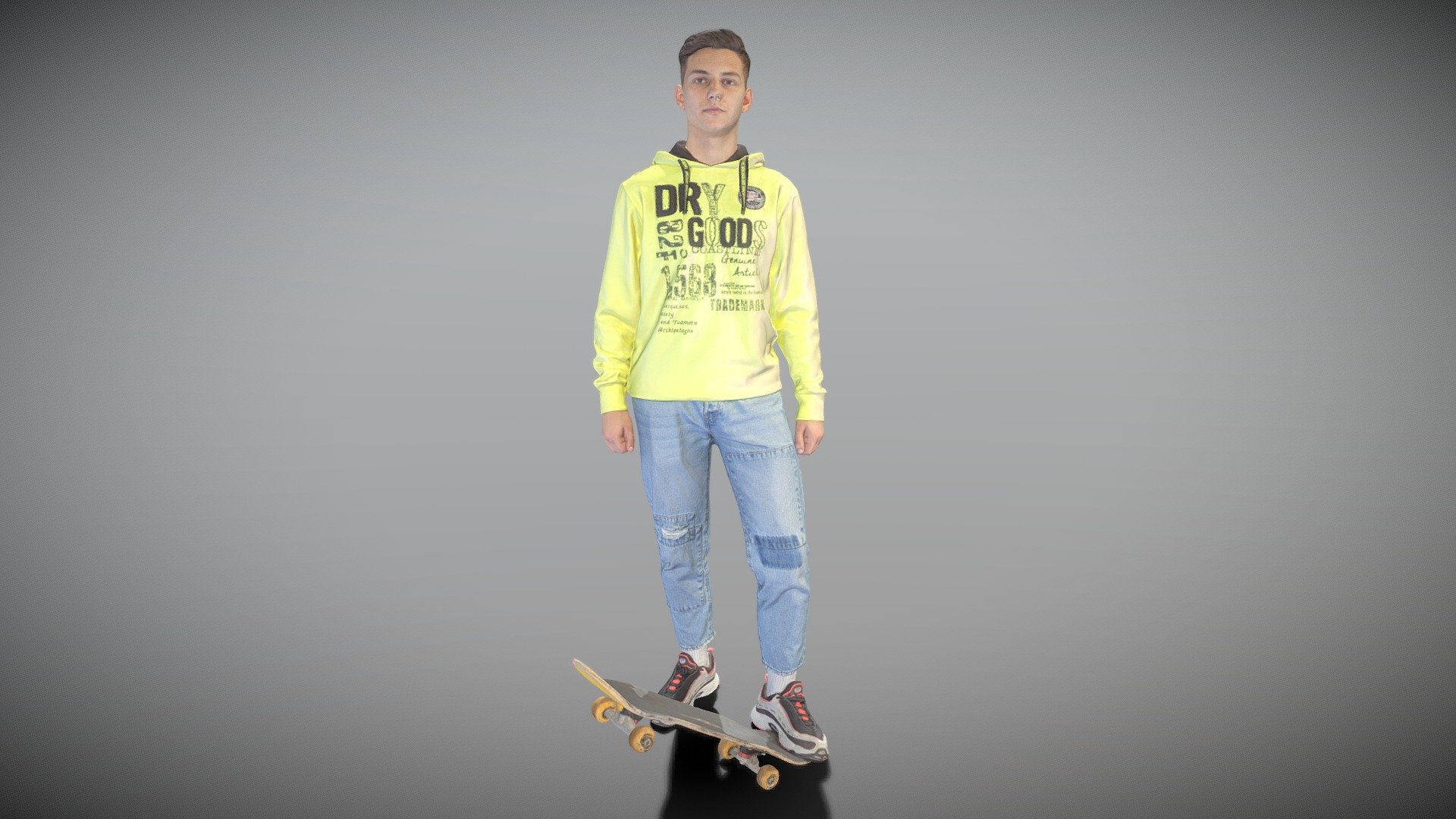 This is a true human size and detailed model of a sporty handsome young man of Caucasian appearance. The model is captured in casual pose to be perfectly matching various architectural and product visualizations, as a background or mid-sized character on a sports ground, park, beach, VR/AR content, etc.

The product is ready both for immediate use in architectural visualisations, or further render and detailed sculpting in Zbrush.

Technical characteristics:




digital double 3d scan model

decimated model (100k triangles)

sufficiently clean

PBR textures: Diffuse, Normal, Specular maps

non-overlapping UV map

Download package includes Cinema 4D project file with Redshift shader, OBJ, FBX files, which are applicable for 3ds Max, Maya, Unreal Engine, Unity, Blender, etc.

You may find some of our 3d models in free access on SketchFab https://sketchfab.com/deep3dstudio/collections/sample-basic-3d-models

New 3d models every day! - Young man on skateboard 333 - Buy Royalty Free 3D model by deep3dstudio 3d model