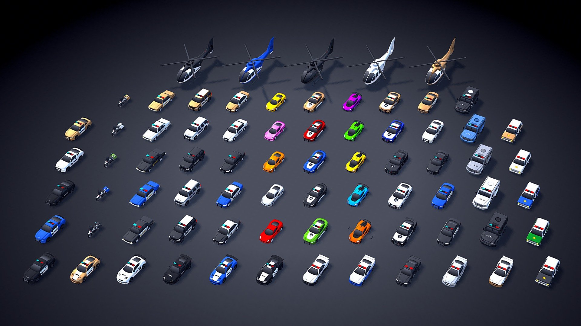 This is the (free) June update of my asset called ARCADE: Ultimate Vehicles Pack. This update will be launched on June 3rd. Available in Unity3D (in the Unity Asset Store) and Sketchfab! (FBX + UNITY Files included).

The update includes 3 new vehicles (racing cars, stunt vehicles, and police cars). Moreover, I updated all police vehicles with new visual enhancements. Zoom-in and check it!

Best regards, Mena 3d model