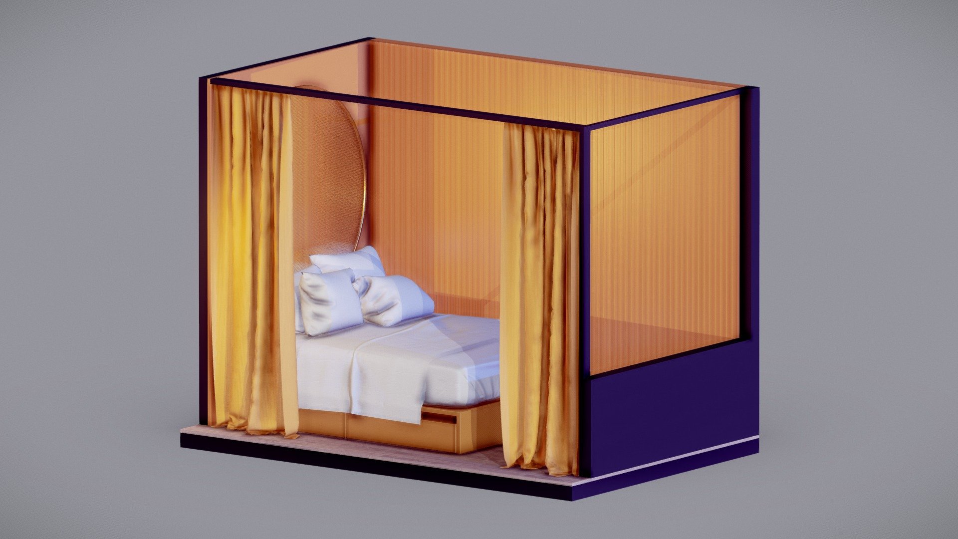 Low Poly PBR Game-Ready Model of a Bed Composition.

Technical Info:





Textures: In the scene included 5 textures: Base Color (Diffuse), Normal Map, Roughness. The resolutions of the textures are 2048x2048 and 4096x4096. File format: PNG, JPG.




Polygons Count: 20,404 Polys.




Original Messures: Width: 344 cm (135,433 ″), Depth: 225 cm (88,5827 &ldquo;), Height: 263 cm (103,543 &ldquo;)




UV Mapped: Yes




Original Model Format: FBX



Description:
The Bed Composition includes the bed itself, curtains, floor and walls.
The scene has only 5 maps (for the bed, curtains, and floor), for all the rest I used constans 3d model