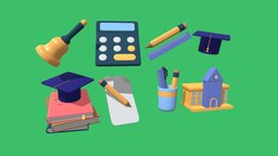 school icons school, symbol, image, pencil, icons, bell, icon, classroom, blender3dmodel, book, blender, student