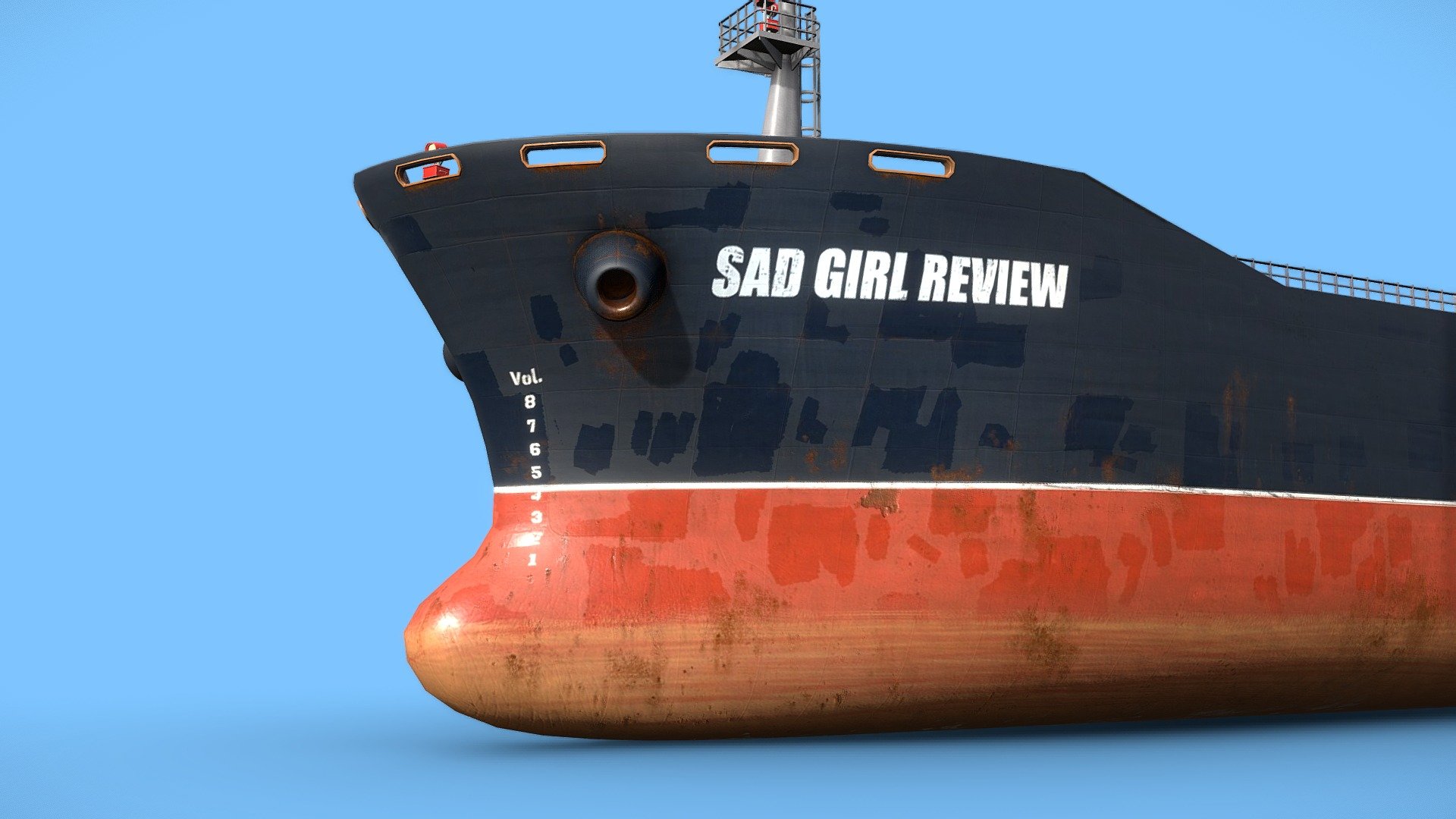 Created for Sad Girl Review Issue 8: Anchor &amp; Root.

“A Cargo ship anchored off the coast of Nanaimo’s downtown district can be considered an eyesore to some, but the ships’ functionality and size has an undeniable aesthetic appeal. On a clear day, you can see dozens of these large vessels parked around the islands on the Salish Sea. All of the things we buy, even the girly things, are shipped to us from far away. Cargo ships can also be seen as symbols of colonialism, supporting destructive resource extraction and shipping goods made with exploitative labour. They serve to remind us that many of us had our “roots” planted here by those who arrived by boat and chose to lower their anchors in unceded lands.”

Model was intended to be viewed from one specific side for a promotional image, which is why the text is flipped on the other side.

Issue 8 of Sad Girl Review: https://sadgirlreview.com/ - Cargo Ship for Sad Girl Review - 3D model by Matthew Fox (@MatthewJFox) 3d model