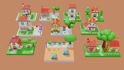 Cartoon Town Islands / Exteriors plant, town, props, scooter, townhouse, architecture, cartoon, blender, house, home, car, city, building, modular, environment