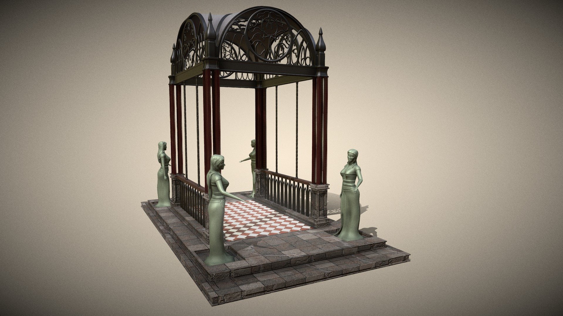 a small fantasy balcony, made in blender software (2.93), this item has two files, one it's a zip containing the original file blender (without modifier applied), and the other file has all its modifiers applied it.
there're only a fews textures applied to sketchfab model like the floor and the water, but the original (or raw model) model has only procedural materials apllied it, like: &ldquo;Red marbled