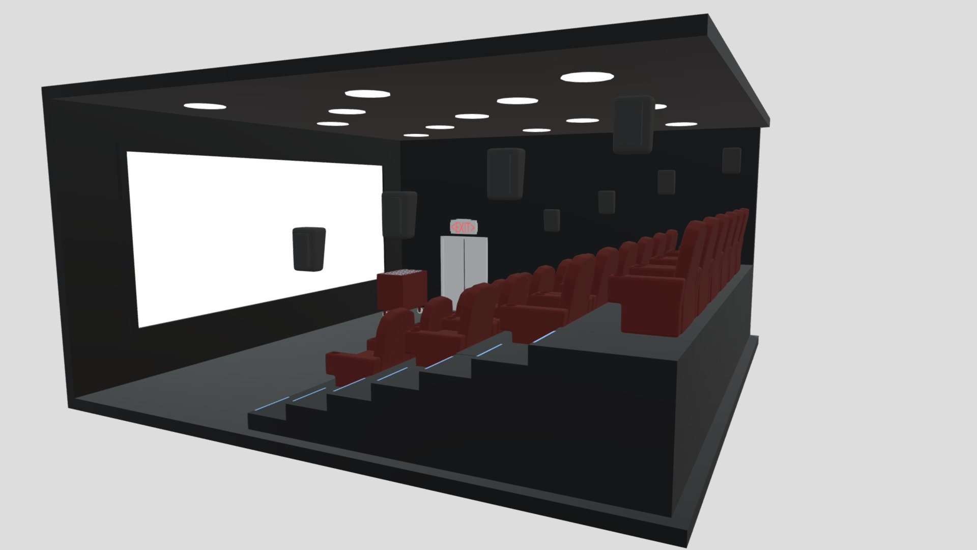 -Movie Theater.

-This product contains 66 models.

-18 Seats, 18 3D Glasses, 6 Loudspeaker Box,

-This product was created in Blender 2.8.

-Total vertices 18,321. Total polygons 16,979;

-Formats: . blend . fbx . obj, c4d,dae,fbx,unity.

-Thank you 3d model