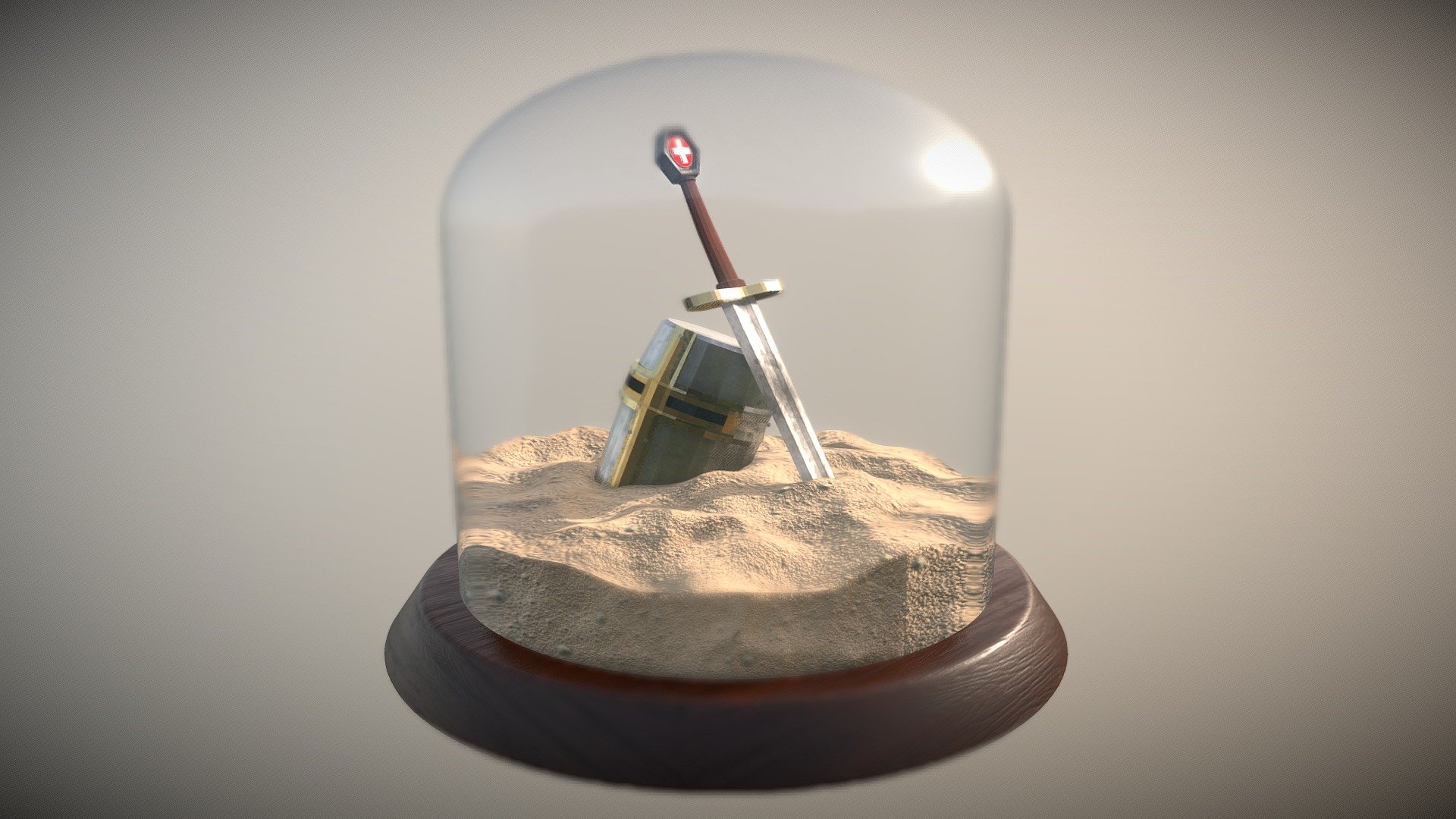 An old templar crusader's helmet and sword semi buried in sand and encased on a glass dome case on a wooden cylindrical surface.

Feels like an oddity suvenir for museums.

Texture size - 2k

I wish I could make more polygons and larger texture sizes but my PC is a bit too weak to keep up in today's standard performances 3d model