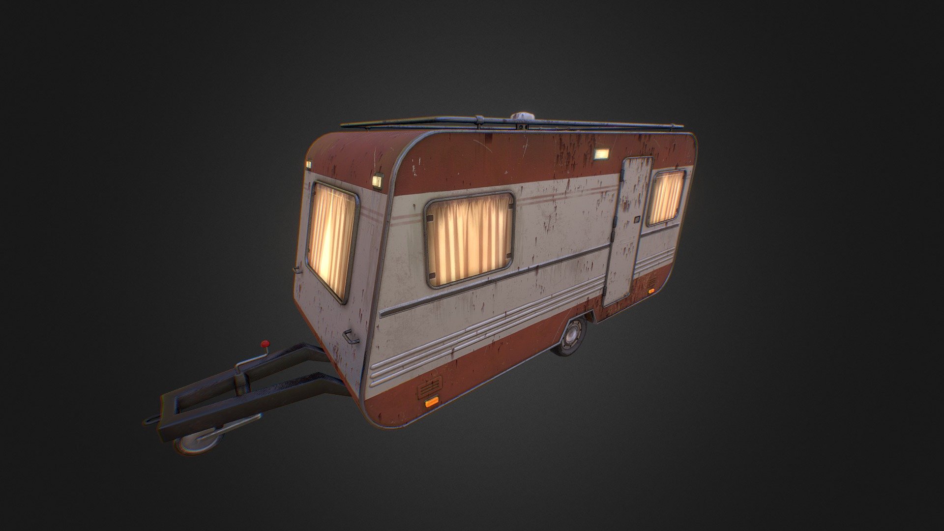 Old Caravan model. Game asset. Lowpoly model. 
 It has one 4k map (4096x4096) version including ( Albedo, BaseColor, Specular ,Glossiness,Metallic,Normal,Roughness,Occlusion and Emmision) in png format. Object is centered and Pivot point is aligned . It has detailed texture map and could also be used for some medium close-up shots,scenes ,renders and games. Textures are in zip file.

Wheels, small wheel and front part of trailer are separated

Object has 3 LOD stages in fbx format

LOD0: 9520 tris LOD1: 4751 tris LOD2: 2010 tris - Old Caravan trailer - Buy Royalty Free 3D model by Salex 3d model