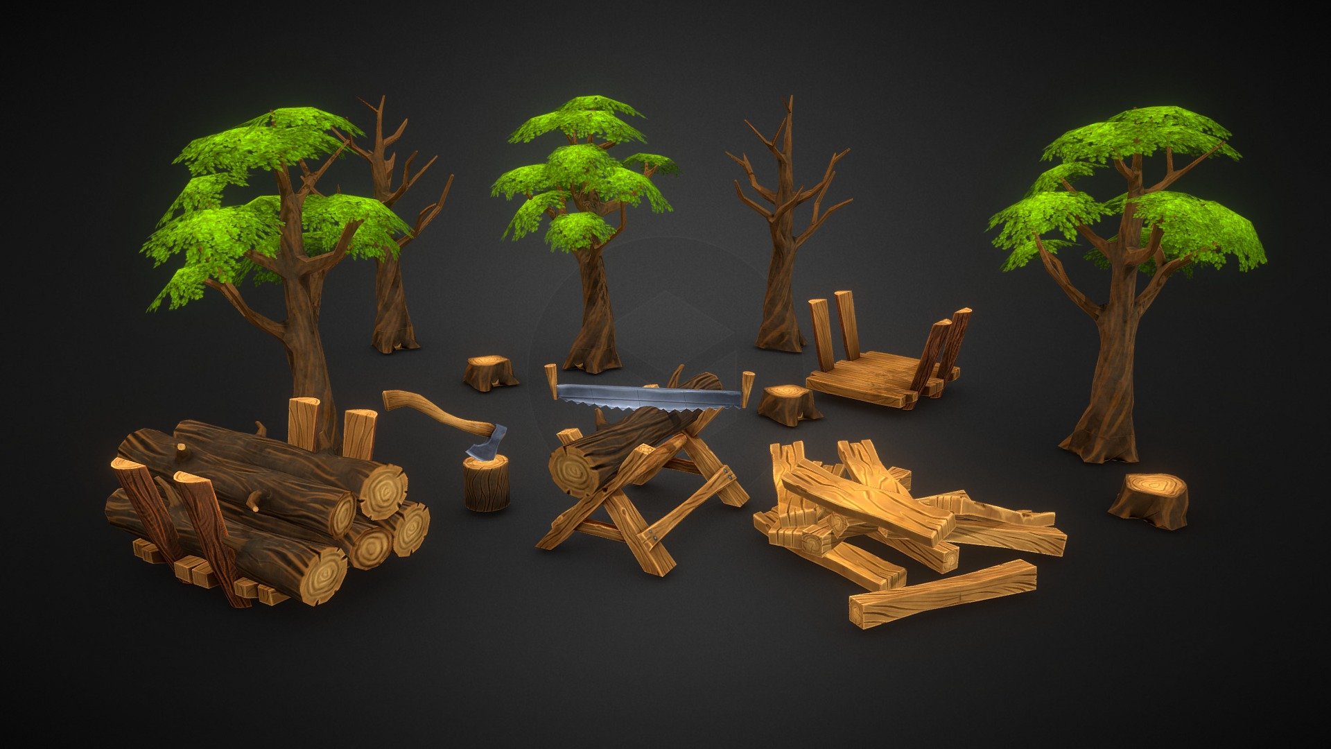 wood mining asset for mobile games, each object has a separate texture - Wood extraction - 3D model by LowPoly89 (@omega3) 3d model