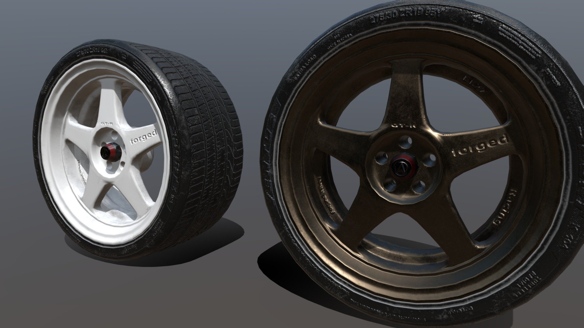 JDM wheels with two different color and material. 
Wheels and tires are in separated objetcs and materials, so you can easily customize them.

Also, feel free to add comments and feedback, I will be glad to keep improving my works! - JDM Wheels - Buy Royalty Free 3D model by KTKR 3d model