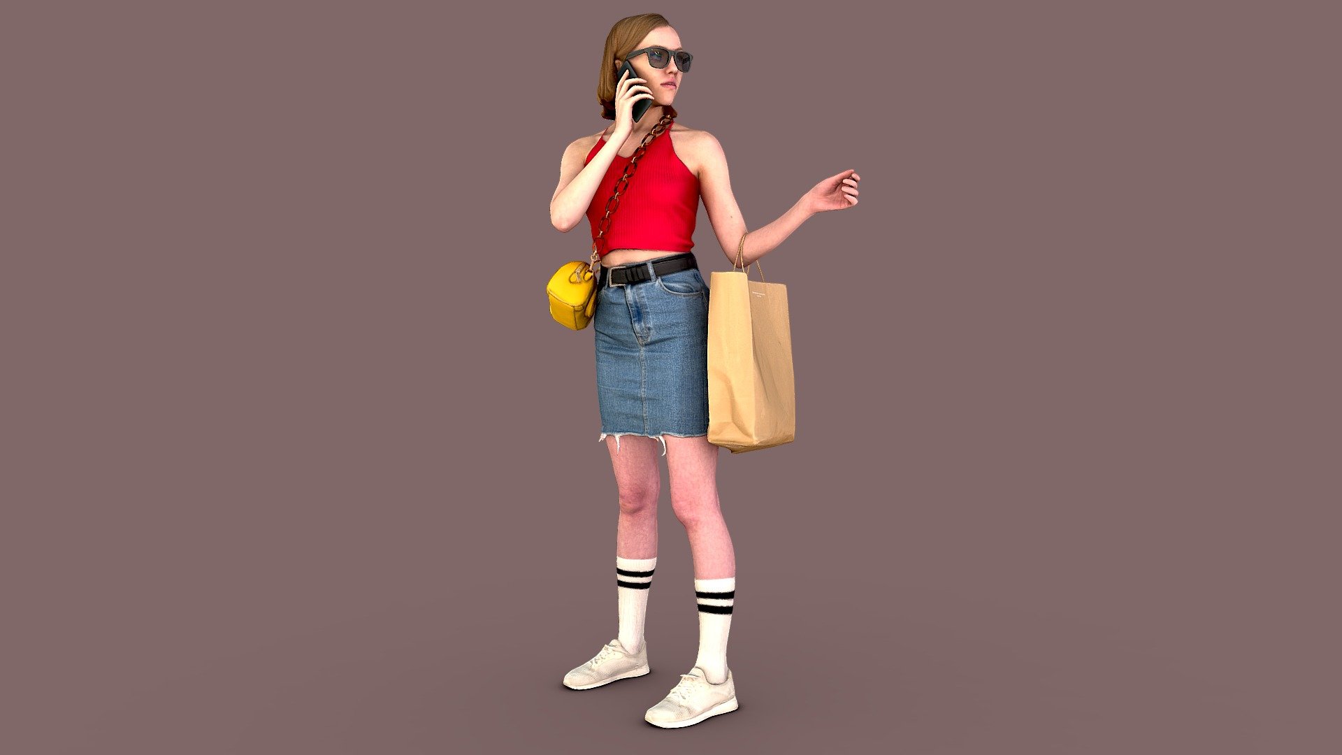 Follow us on Instagram 👍🏻

✉️ A cute petite girl with light brown short hair and glasses is standing in a shopping center, talking on the phone, looking for a friend with her eyes. She is dressed in a denim miniskirt, a cropped red top with an open back, high striped socks and sneakers, a small yellow handbag hangs over her shoulder, and a craft bag hangs on her arm.

🦾 This model will be an excellent mid-range participant. It does not need to be very close and try to see the details, it reveals and demonstrates its texture as much as possible in case of a certain distance from the foreground.

⚙️ Photorealistic Casual Character 3d model ready for Virtual Reality (VR), Augmented Reality (AR), games and other real-time apps. Suitable for the architectural visualization and another graphical projects. 50 000 polygons per model 3d model