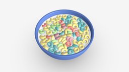 Bowl of Colored Cheerios with Milk food, kids, bowl, cereal, breakfast, meal, milk, snack, fiber, sweet, crunch, corn, colorful, loops, flakes, nutrition, cheerios, cornflakes, 3d, pbr