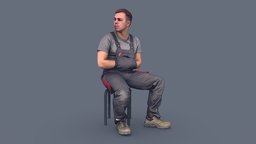 Foreman in Overalls Sitting sitting, garage, walking, photorealistic, service, worker, labor, uniform, operative, strong, photoreal, overall, tired, handyman, handsinpockets, foreman, sittingfigure, coveralls, man, construction