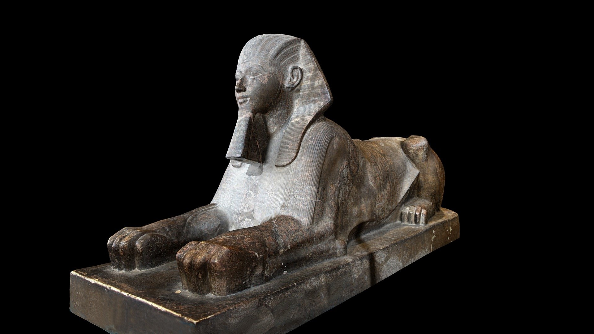 Red granite sphinx of Hatshepsut from Deir el-Bahari.  Located in the Cairo Museum Ground Floor Gallery 6

Created from 149 photographs (18MP Cannon EOS Rebel T5i) using Agisoft Photoscan 1.4.3.  November 17, 2018 3d model