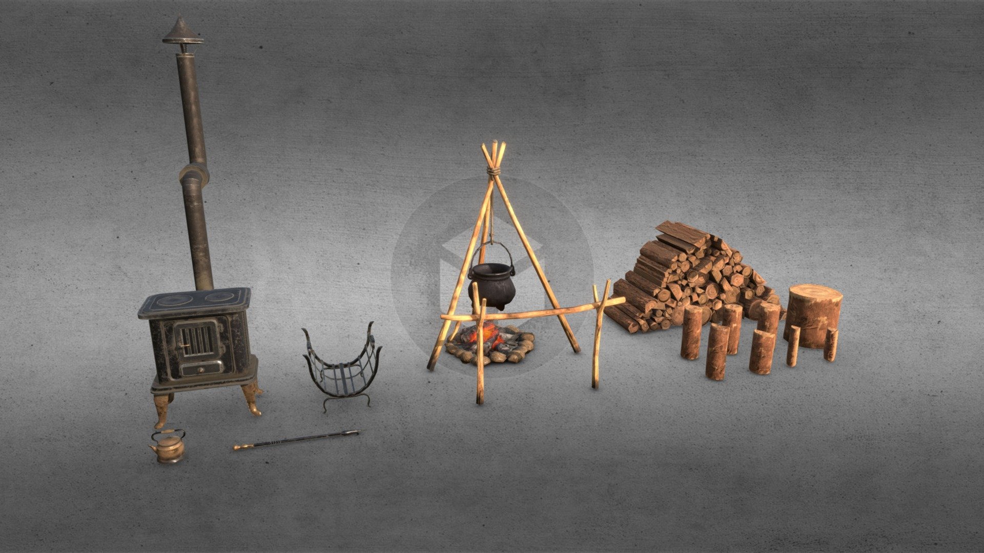 Introducing various fire and cooking pack, set of 12 props:

Features:




Wood burning stove with chimney

Metal firewood basket

Fire poker

Kettle

Camp fire

Wooden cooking tripod with rope

Wooden roasting spit

Cauldron with handle

Pile of firewood

3 logs

4 split logs

Wood splitting base

For support or other information please send us an e-mail at info@sunbox.games

Check out our other work at sunbox.games - Fire & Cooking - Stove, Logs, Kettle, Cauldron - Buy Royalty Free 3D model by Sunbox Games (@sunboxgames) 3d model