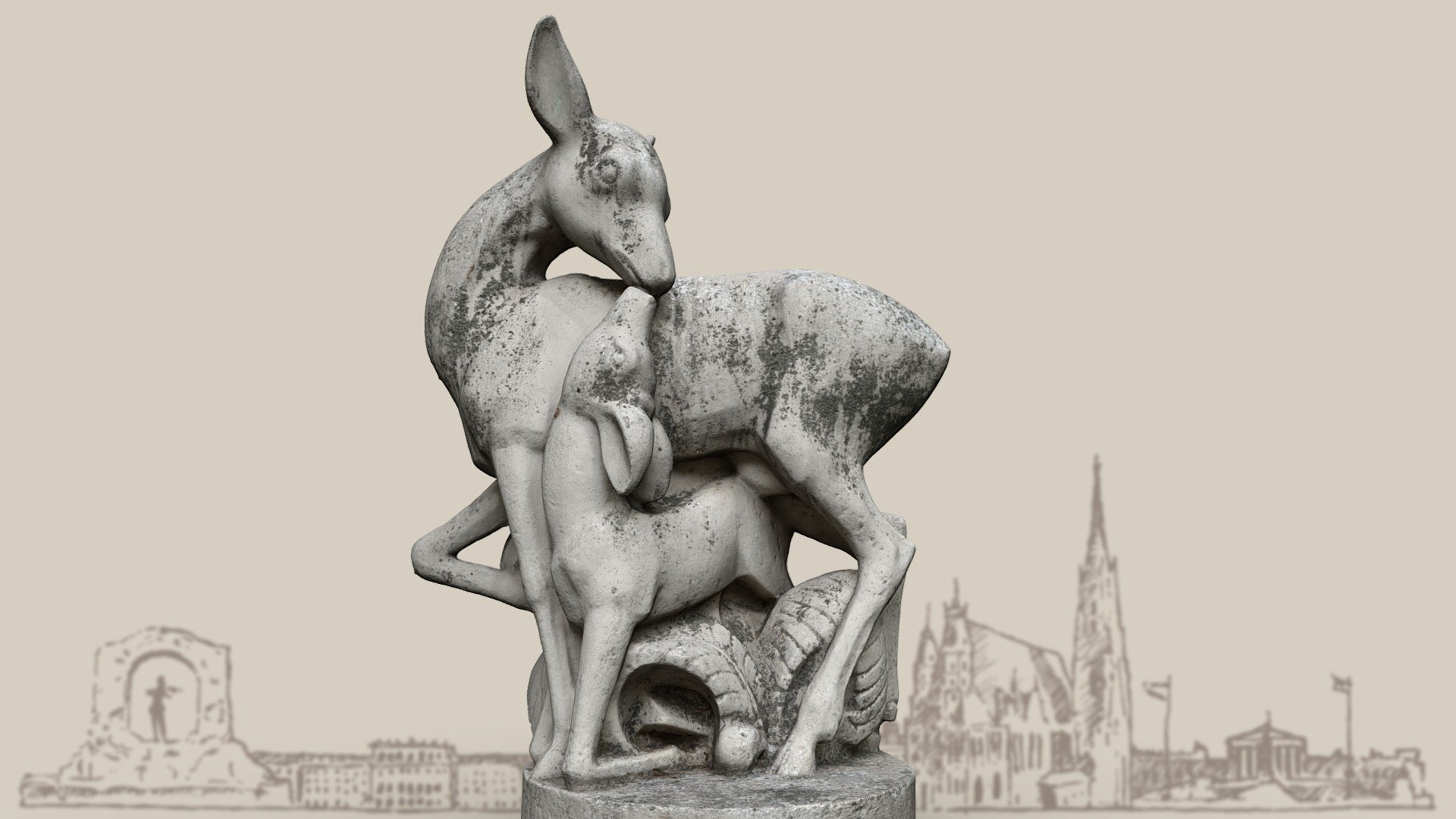 Roe deer mother with fawn on a concrete pedestal in Vienna Währing. The deer group serves as a decorative figure of a fountain that is no longer in use. The sculpture by Rudolf Schmidt dates from around 1931.

Rudolf Schmidt (1894-1980) was an Austrian sculptor, medalist and art historian. He created numerous sculptures as well as the 50 Schilling coin commemorating the 100th birthday of Theodor Körner in 1973. Schmidt was awarded the City of Vienna Prize for Fine Arts in 1951 and the Austrian Cross of Honor for Science and Art in 1973 3d model