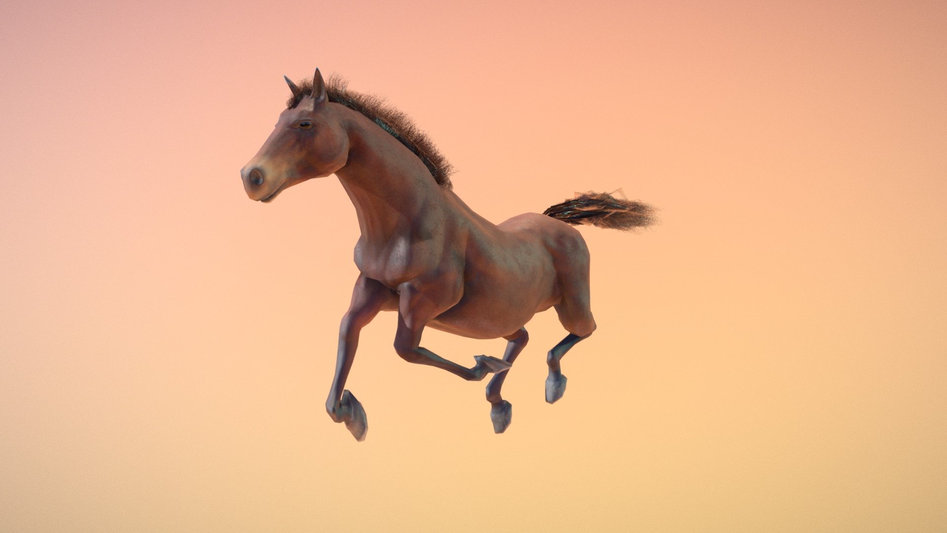 Animated simple low poly model of horse.

Model has built and animated in blender. 
One piece, tris and quads only, 2K textures.
Faces: 5144
Tris: 10 128

5 animations:
- walk
- gallop
- simple stay
- stay
- eating

Hairs created from planes+alpha.

In blender file horse have hair systems for tail and mane 3d model