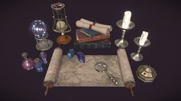 Magic Accessories rpg, medieval, books, candles, hourglass, props, old, scroll, magical, potions, props-assets, casket, magnifying-glass, blender, gameasset, zbrush, fantasy, ball, magic, gameready