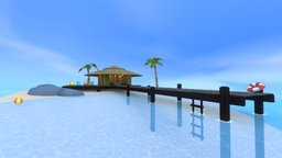 Beach Hut (VRChat) dock, ocean, hut, water, beach, buoy, vrchat, blender, palm_tree, beach_ball