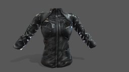 Unusual Dystoppian Female Leather Jacket leather, front, standing, fashion, up, girls, jacket, long, clothes, closed, biker, turned, collar, sleeves, womens, cutout, wear, dystopian, unusual, pbr, low, poly, female, black, zipped