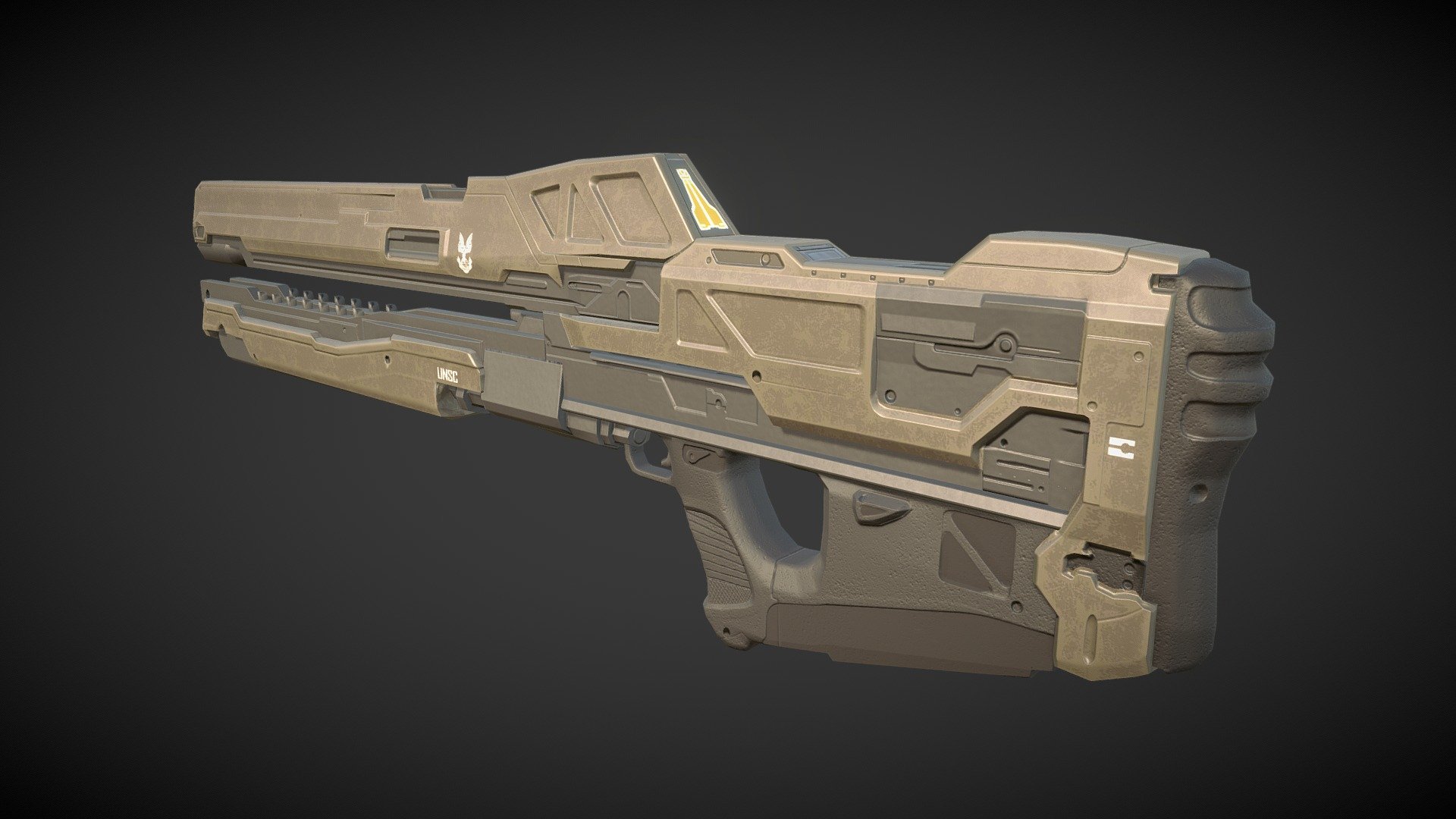 This is a 4987 tri (LOD 0) replica of the Halo Rail Gun modelled in Maya. Both hand painted and smart textures used via Substance Painter along with AO, normal, metallic, roughness and emissive maps. High poly modelled in Zbrush.

Reference:
Rail Gun concept art by “Sparth” of 343. | HaloFanForLife. (2022, September 27). Retrieved from http://halofanforlife.com/?p=7525 - Halo Rail Gun Replica - Download Free 3D model by CaesarSypha 3d model