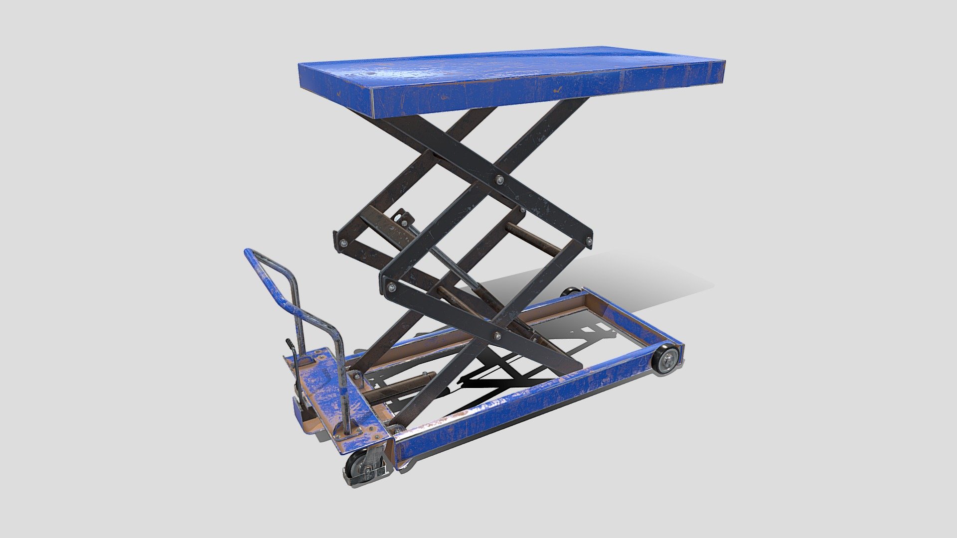 Scissor lift 3d model rendered with Cycles in Blender, as per seen on attached images. 
The model is scaled to real-life scale.

File formats:
-.blend, rendered with cycles, as seen in the images;
-.obj, with materials applied;
-.dae, with materials applied;
-.fbx, with materials applied;
-.stl;

Files come named appropriately and split by file format.

3D Software:
The 3D model was originally created in Blender 3.1 and rendered with Cycles.

Materials and textures:
The models have materials applied in all formats, and are ready to import and render.
Materials are image based using PBR, the model comes with five 4k png image textures.

Preview scenes:
The preview images are rendered in Blender using its built-in render engine &lsquo;Cycles'.

General:
The models are built mostly out of quads.

For any problems please feel free to contact me.

Don't forget to rate and enjoy! - Scissor Lift Table Blue - Buy Royalty Free 3D model by dragosburian 3d model