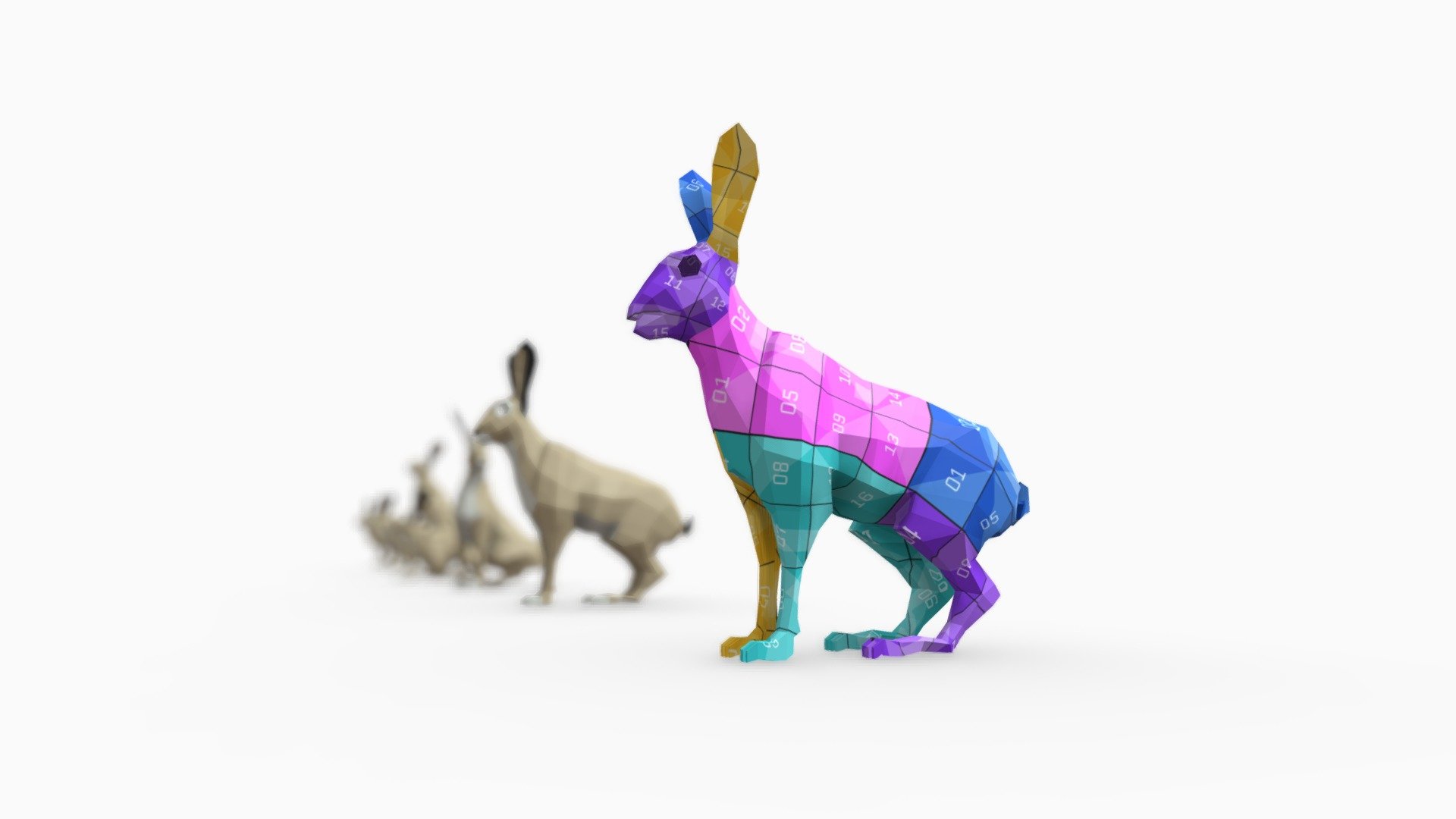Verts 654 / Edges 1,302 / Faces 648 / Tris 1,296

Our original collection of lowpoly animals, all made with mainly quads and simplified meshes. The best meshes to get your scenes crowded and sculpting started. Great proportions with realistic shape and size.

•   Native file: Blender 2.79
•   Base Mesh: A quad face based in static pose and mapper texture.
•   Pack: A pack with 7 objects Rest + 6 poses.
•   UV Layout: that fits all of them.

Highly compatible with universal formats included in OBJ, FBX, DAE and 3DS


Created with Blender and exported to all other formats.
Some orientations might vary because of export.
At least 95% quads, sometimes even 100%.
Rest pose included, completely symmetrical and ready to rig.
Real world scales to put together and see real sizes.
 - Rabbit - Buy Royalty Free 3D model by Studio Ochi (@studioochi) 3d model