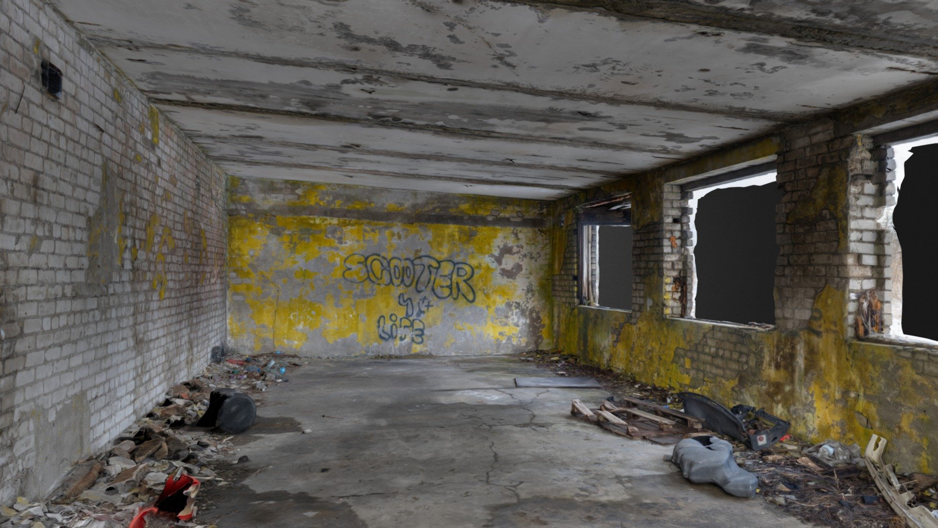 3D scan of an old, abandoned room which was probably some kind of a garage.

Peeling paint, old bricks, derelict walls and floor.

With normal map 3d model
