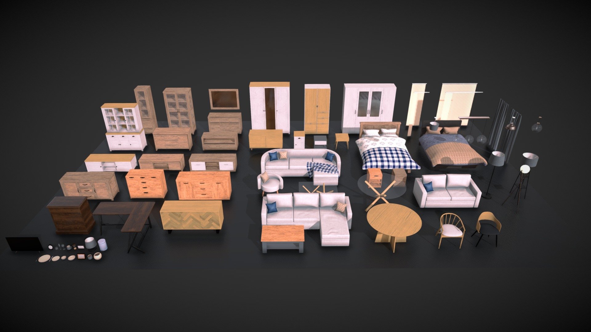 This furniture asset pack contains cupboards, wardrobes, sofas, beds, tables and more, all modelled and textured in blender all with non-overlapping UVs ready for light baking.

For Seprated Model Sets:

Living Room Furniture Set 1 - https://sketchfab.com/3d-models/living-room-furniture-set-5da1f8ab6a2f4337b6daf44d1a7efe0e

Living Room Furniture Set 2 - https://sketchfab.com/3d-models/living-room-furniture-set-3493e195044a4af4b4cb0795fc02a848

Table and Chairs Dining Set 1 - https://sketchfab.com/3d-models/table-and-chairs-dining-set-348aa60714f2453a80205853cff962da

Table and Chairs Dining Set 2 - https://sketchfab.com/3d-models/table-and-chairs-dining-set-f3e4652bd8754047810c7e7f0c12841c

Bedroom Furniture Set - https://sketchfab.com/3d-models/bedroom-furniture-set-74e480d2f5ca4cd9a57c91b0bf262a58 - PBR Furniture Pack - Buy Royalty Free 3D model by Geng4d 3d model
