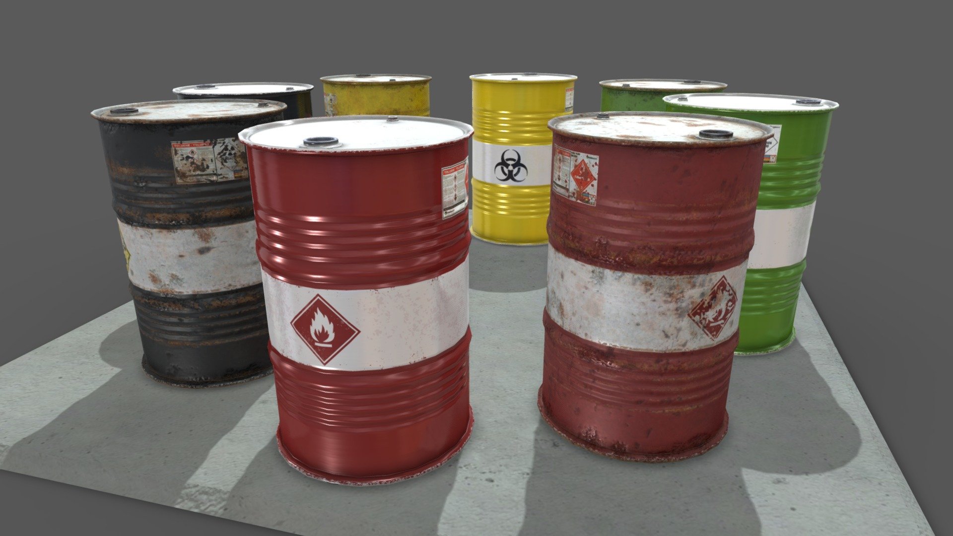 Realistic metal drums with colour and images for 4 different types of material. Brand new drums as well as old rusty versions. So 8 in total all with texture and normal maps. The mesh is low poly for use in games, with enough detail to hold up under scrutiny but most of the work is being done by the normal map 3d model