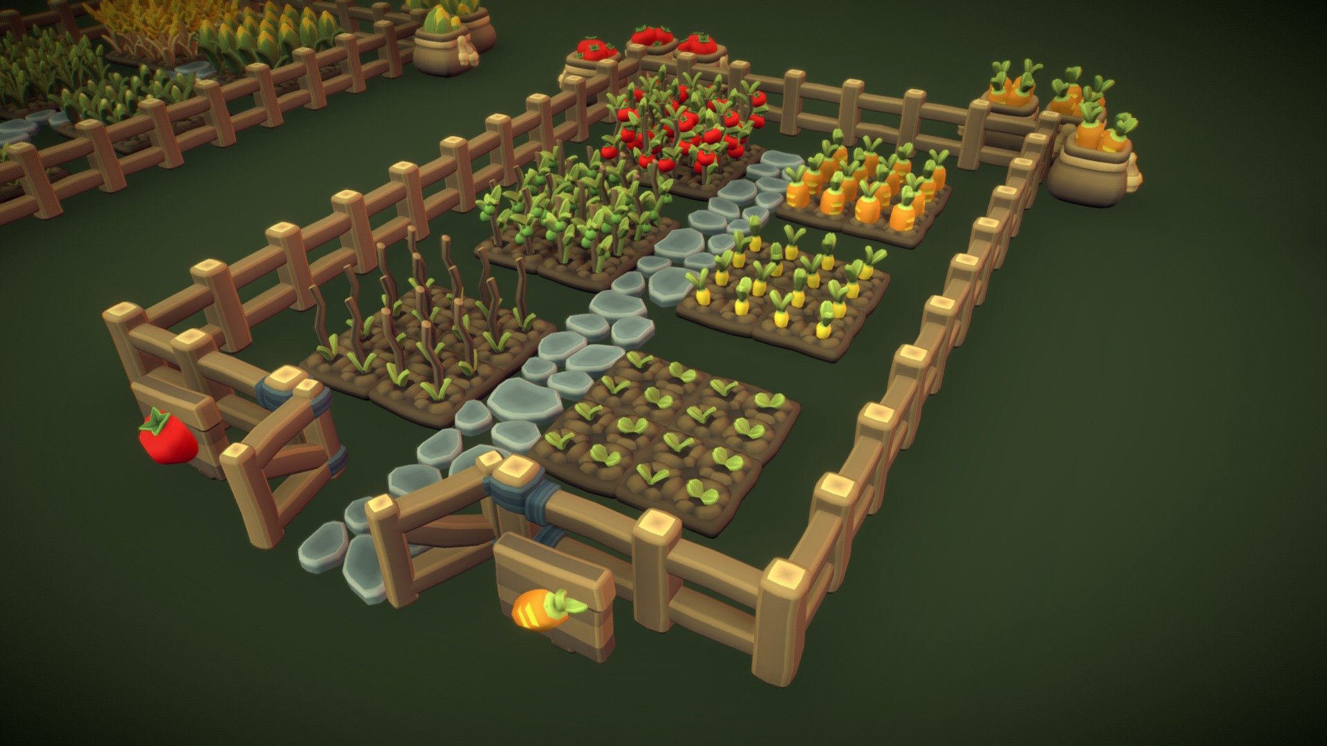 A set of tomato, carrot, salad, potato, corn and wheat crops, earth tiles and fence elements suitable for a farming game with 3 levels of detail. 


Disclaimer: These are quite high poly. Check the wire frame

This set is also included in the Cube World Full Set - Cube World Farming Set - Proto Series - Buy Royalty Free 3D model by BitGem 3d model