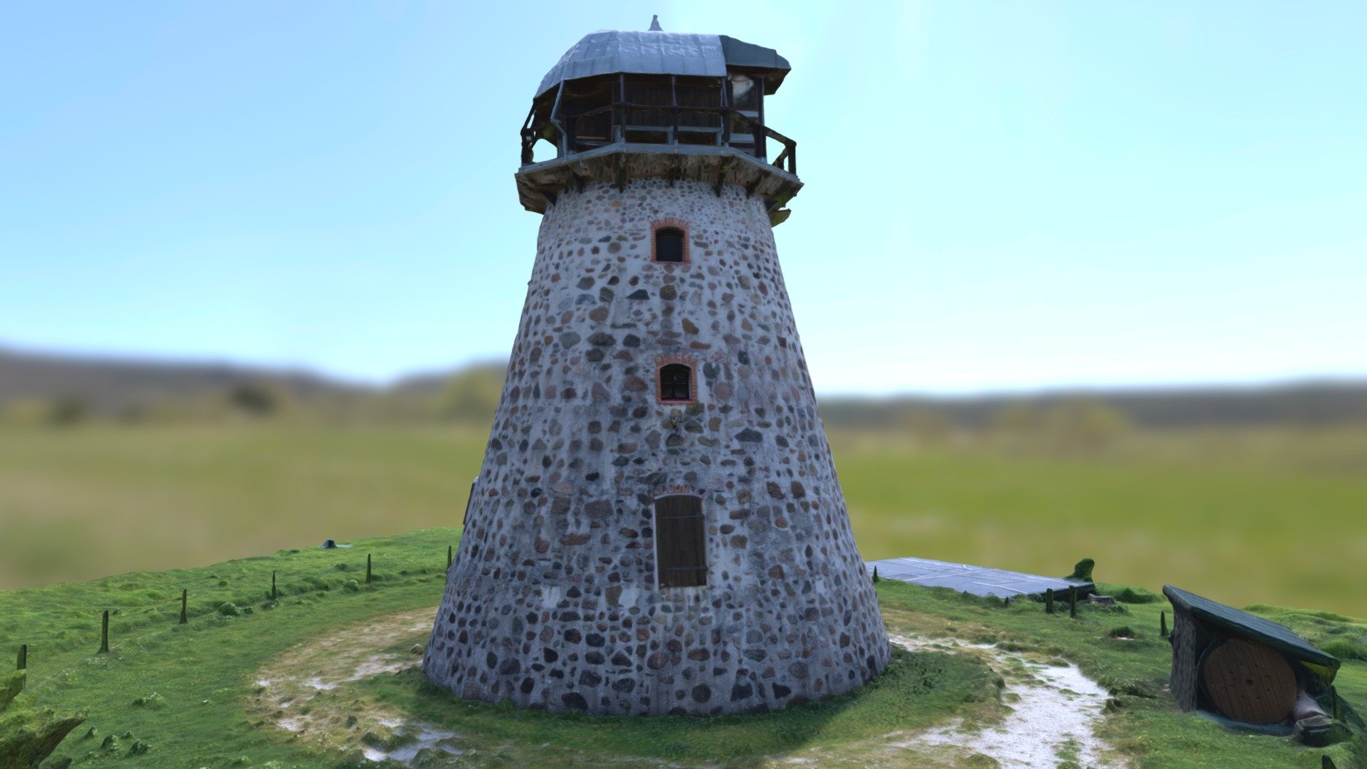 Old tower in Latvian countryside that has been turned into a museum.
Stone walls, small windows, round metal roof 3d model