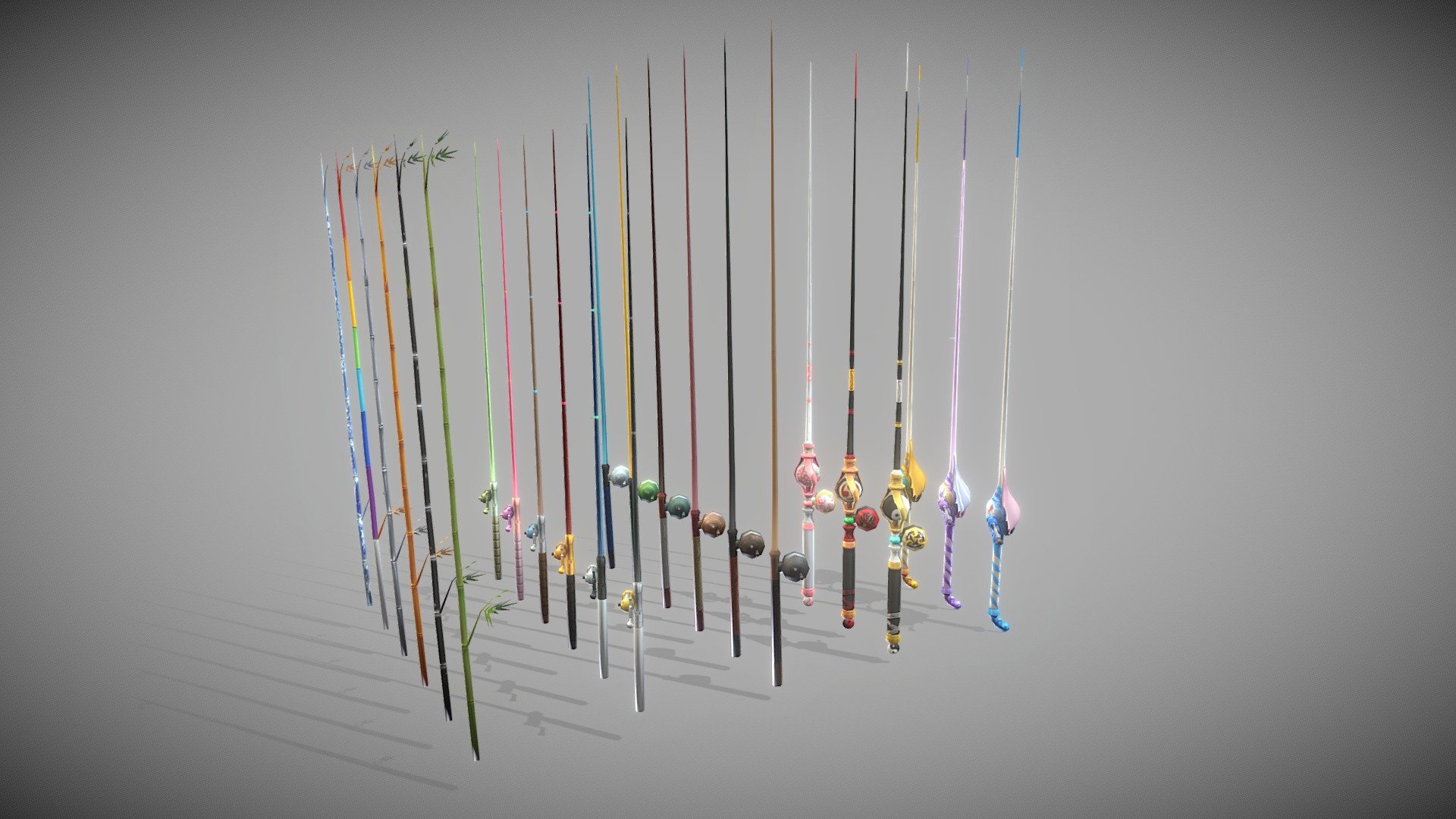 Fishing rods for fantasy and RPG games. Rigged. 24 skins. 5 models, from the simplest to the most advanced.




First model: 135 polygons, 145 vertices. 6 skins. Albedo texture 2048x2048.

Next model: 546 polygons, 538 vertices. 6 skins. Albedo texture 2048x2048.

Third model: 294 polygons, 280 vertices. 6 skins. Albedo texture 2048x2048.

Fourth model: 898 polygons, 717 vertices. 3 skins. Albedo texture 2048x2048. 

Fifth model: 966 polygons, 836 vertices. 3 skins. Albedo texture 2048x2048.
 - Fishing Rods - 3D model by Kajol Hayer (@KajolHayer) 3d model
