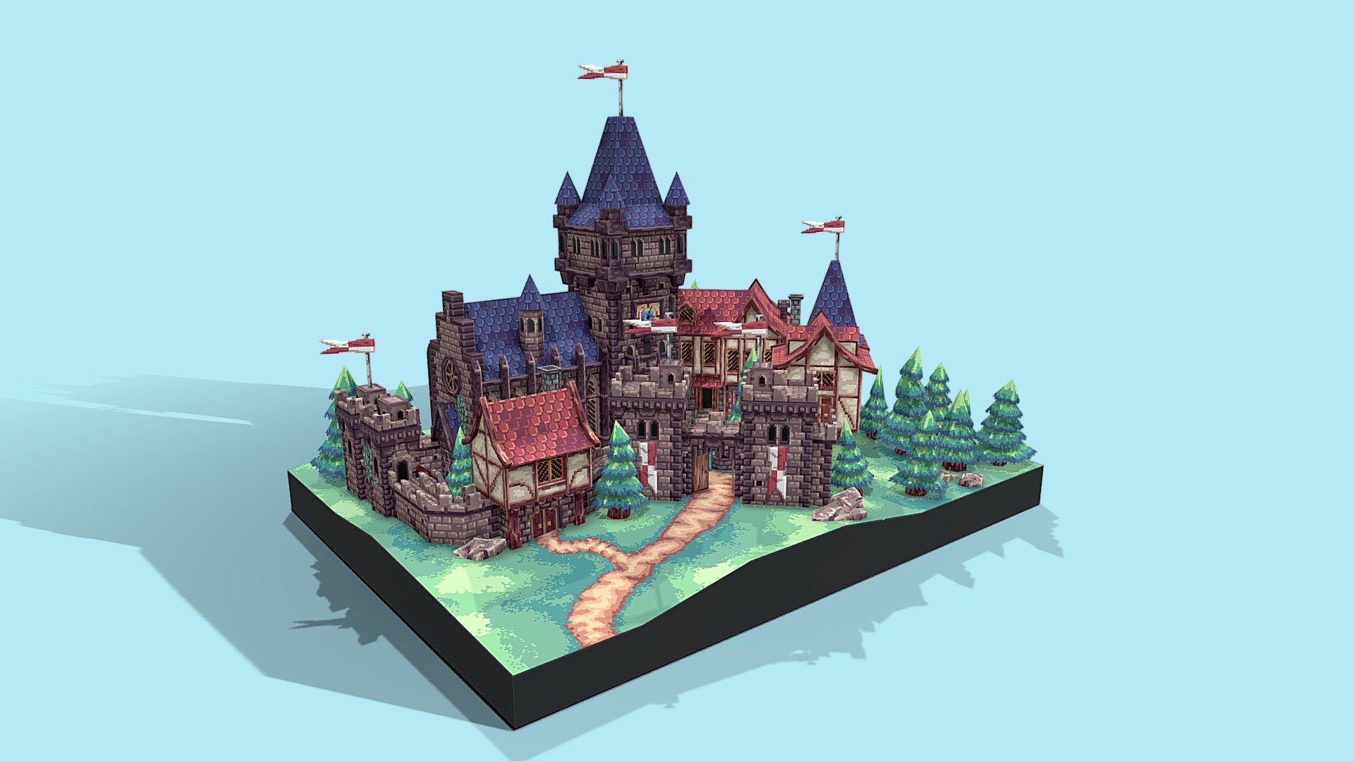 A pixelart 3D low poly model of a made-up medieval town - Low-Poly Pixelart Medieval Town - 3D model by Vancient 3d model