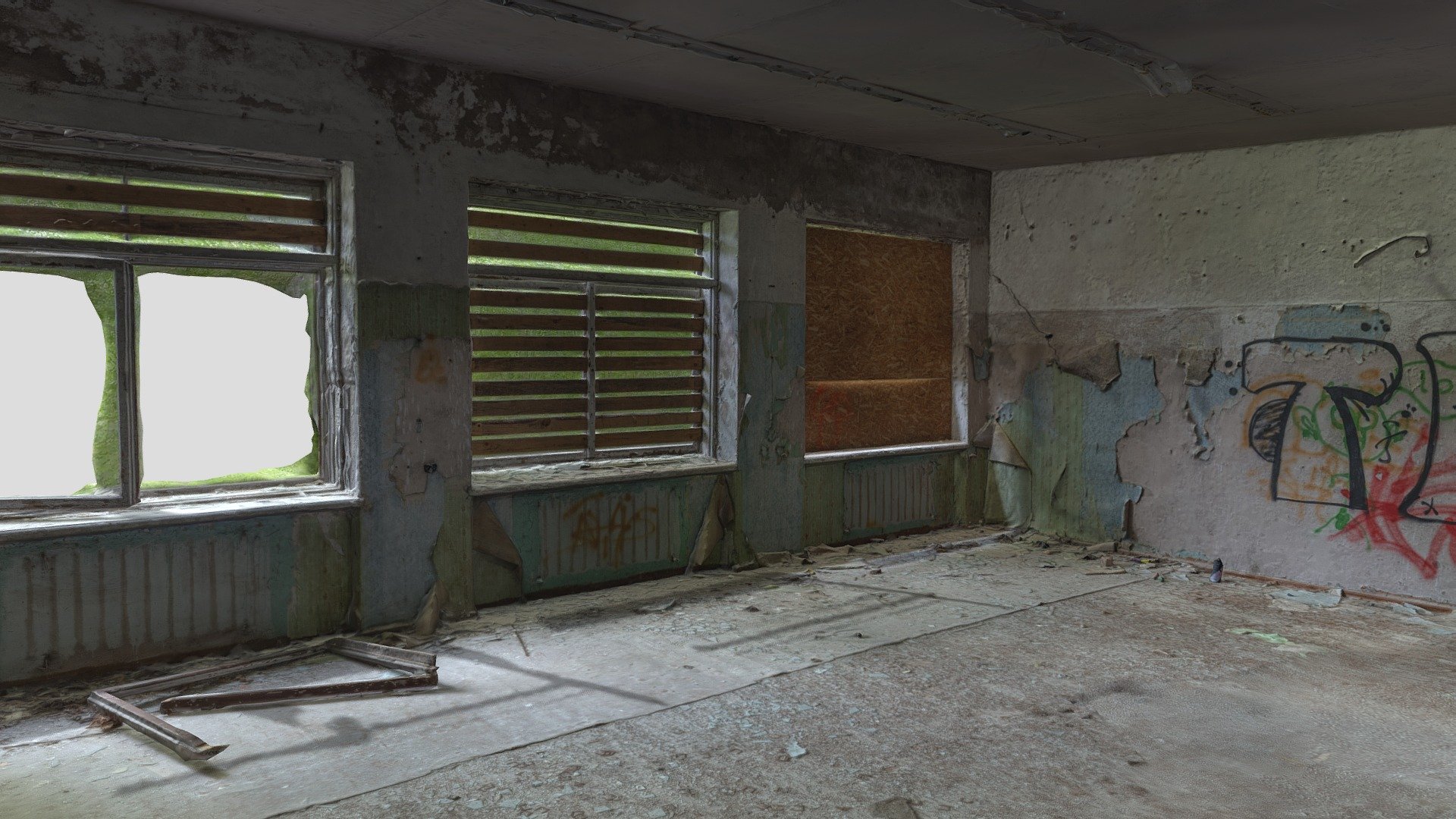 3D scan of a room in an abandoned soviet school.
Wooden planks covering some windows. 
With normal map 3d model