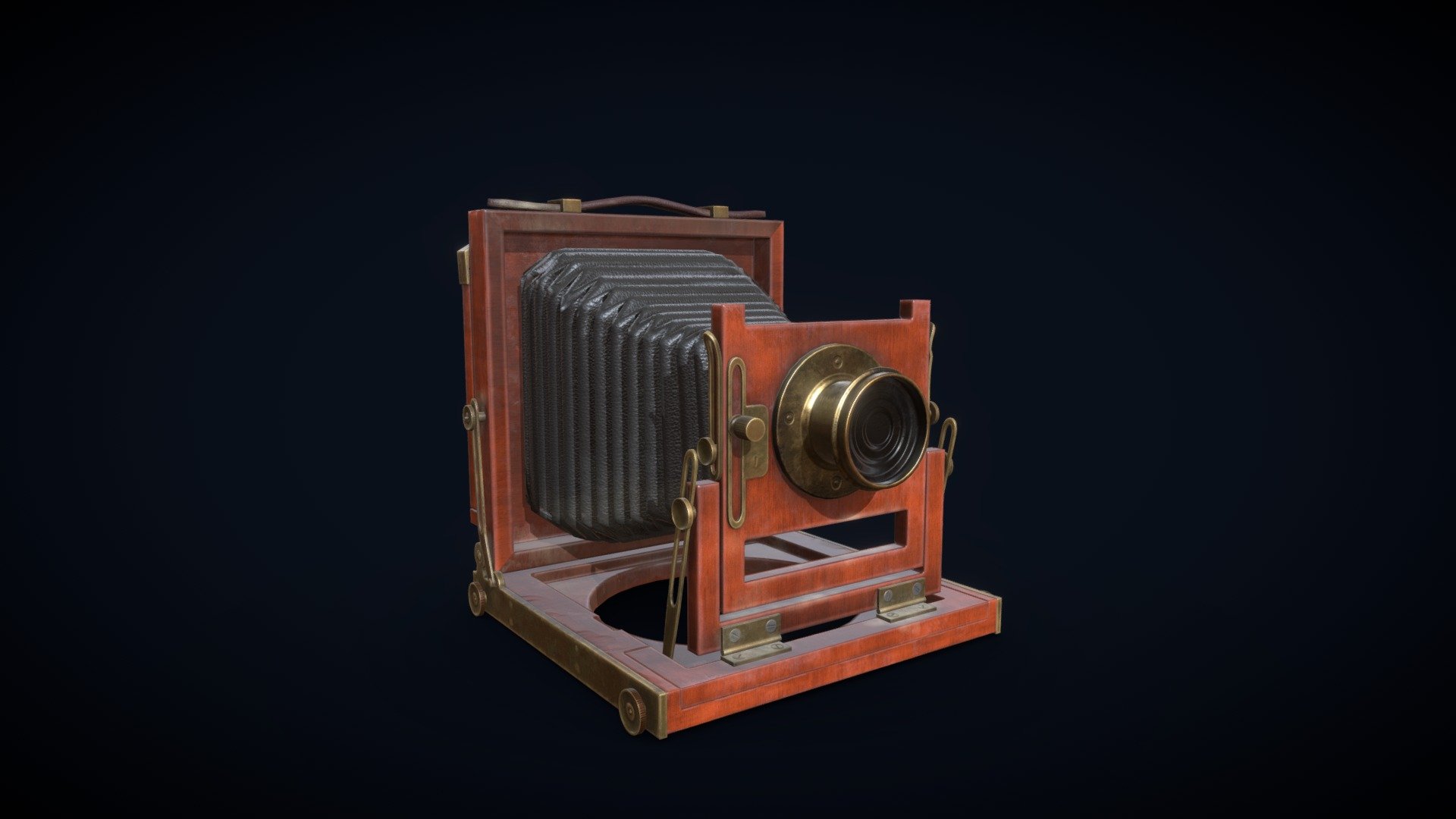 Antique small wooden travel camera with vintage brass optics. Personal project. 14.5k tris with one 4k texture 3d model