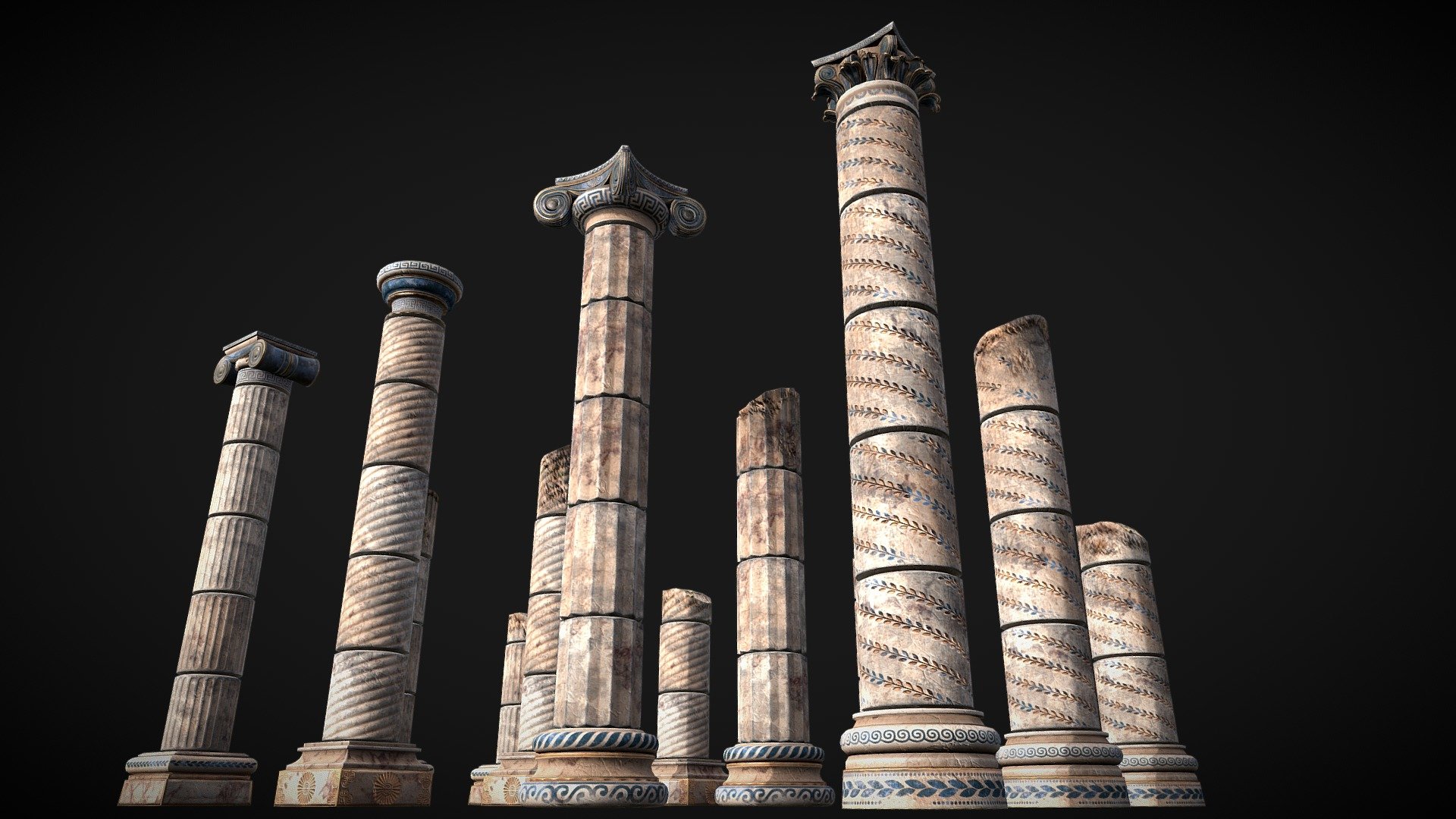 This libray of modular columns is composed of
•    4 foundations
•    4 columns 
•    4 capitals
•    8 destroyed columns (2 variants of size)

And are inspired by some greco-roman styles, like doric, ionic, tuscan, and Corinthian.
 Realised during my internship with KangaroOz 3D.

thanks for watching ! - Modular Columns Library - 3D model by TotorLeJaune 3d model
