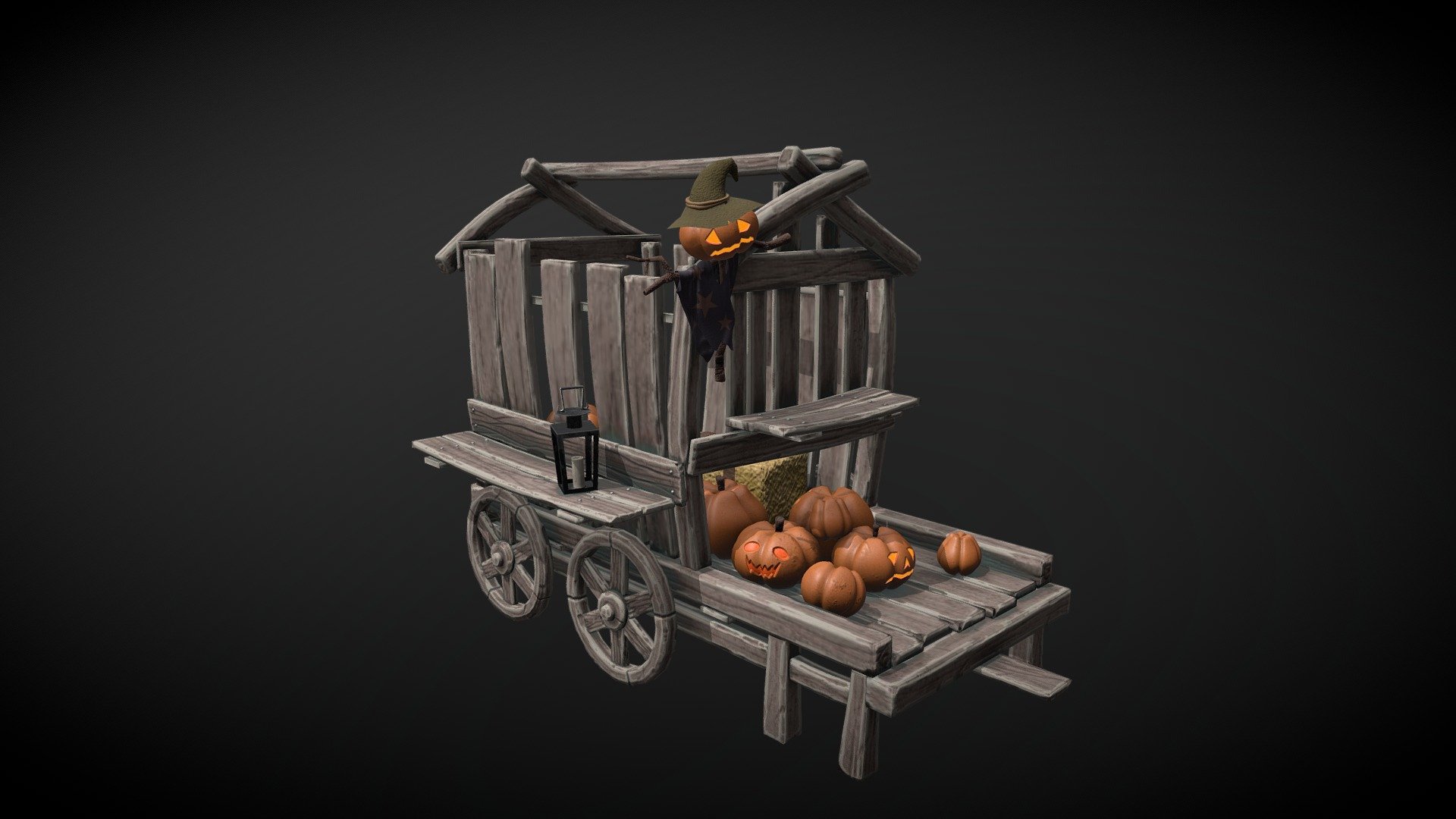 This piece is of a haunted wagon concept I tweaked to be more light-hearted and to be able to play with different methods of coloring in Substaance Painter. I started in Maya by modeling and UV each individual piece. I then transferred the low poly model into Zbrush to sculpt in the wood grain textures and other small details. I then ported both the low and high poly meshes into Substance Painter, baked, and colored. I created my own alphas for the pumpkin faces within Photoshop and brought them over to Substance Painter. I hope you all enjoy! - Spooky Hayride - 3D model by krkosik 3d model