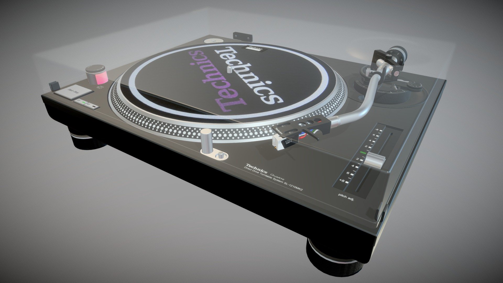 The classic Technics turntable. I tried to model this as accurately as possible so also modeled most of the underside of the turntable.

Fully unwrapped and UVed.
Some UVs may need to be re-arranged if you choose to use them.

Includes zip file that contains:
Blender 2.8 file with basic shader setup.
3 x 4K PNG files ( AO, Diffuse &amp; Normal) - Technics 1210 MK2 Turntable - Buy Royalty Free 3D model by Sibience 3d model